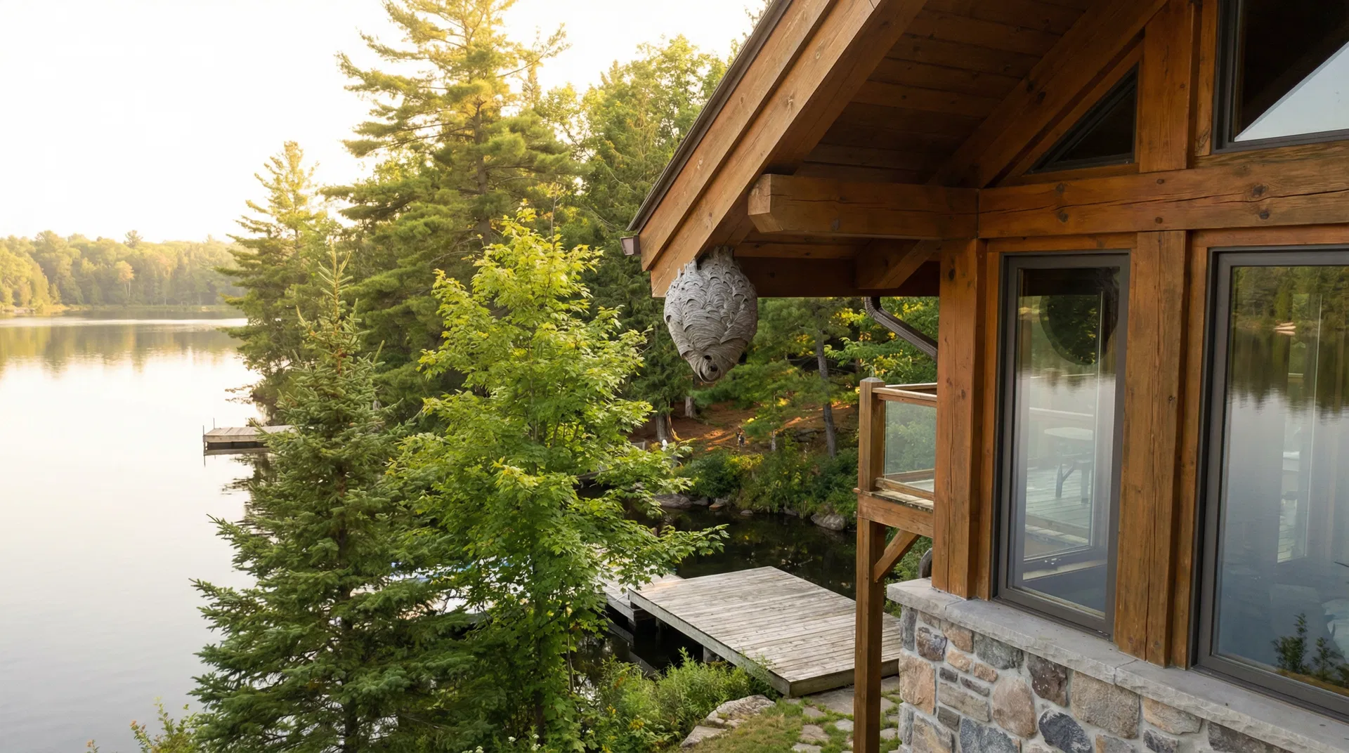Wasp nest hanging from the eave of a lakeside cottage in Muskoka, Ontario