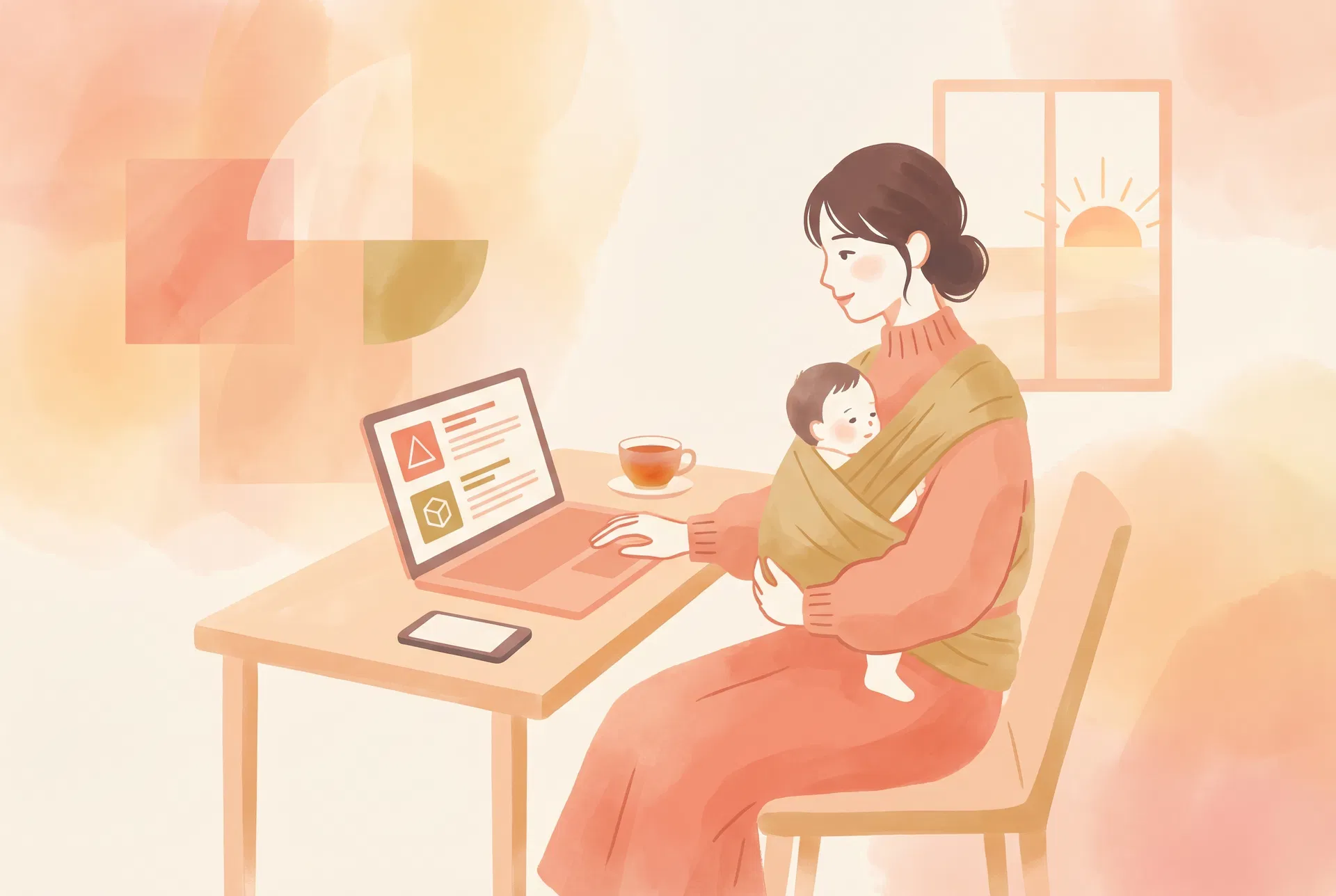 赤ちゃんを抱きながらパソコンで転職活動をする女性のイラスト
