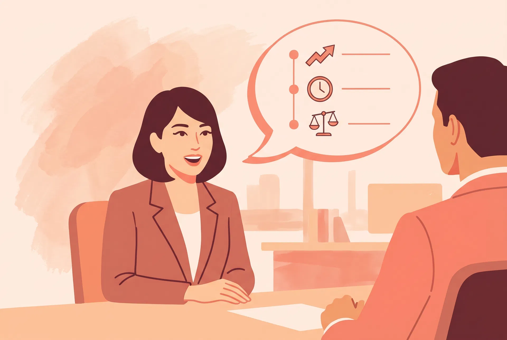 面接で転職理由を伝える女性のイラスト