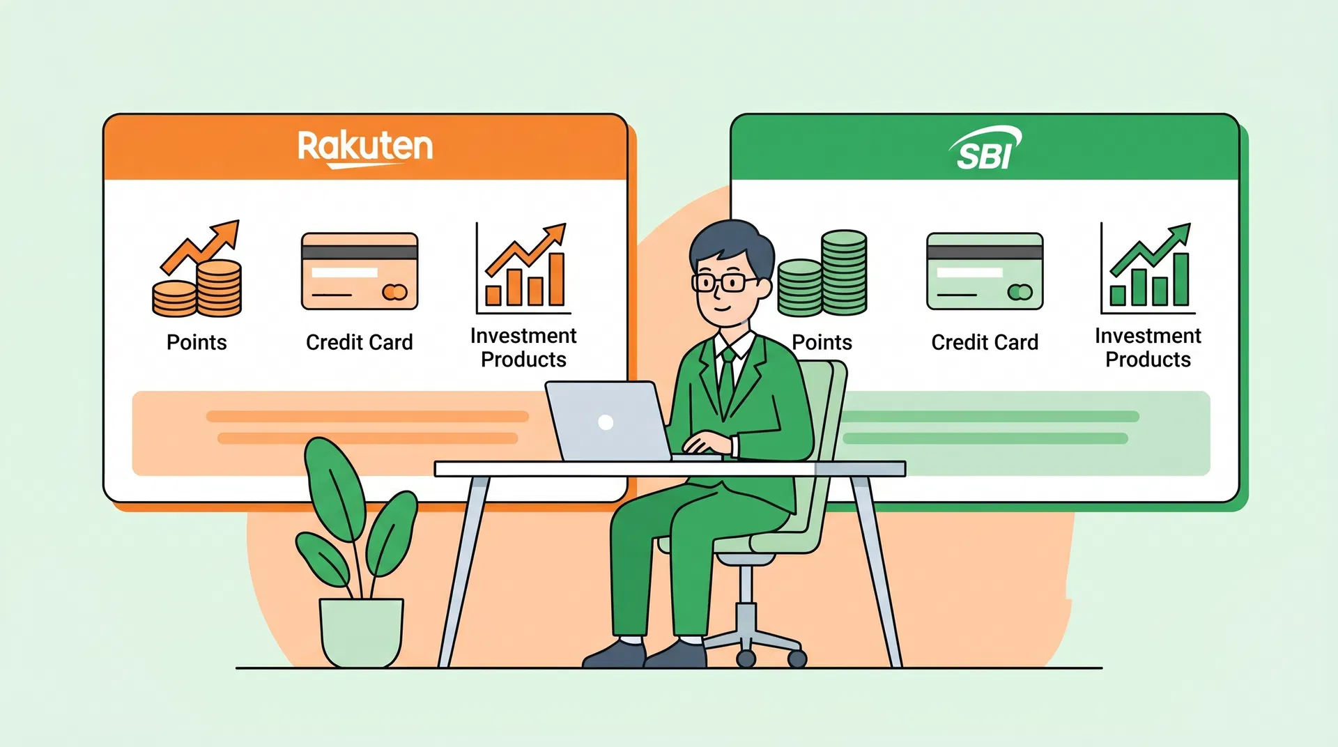 楽天証券とSBI証券を比較するイラスト