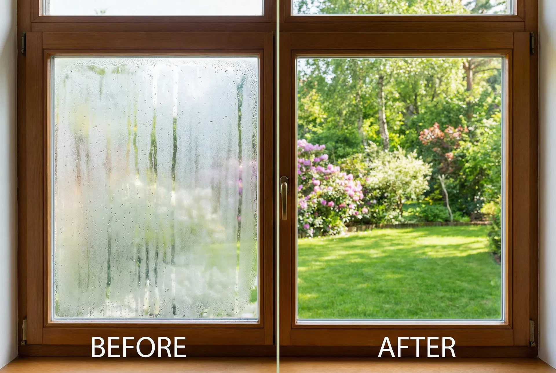 Foggy window before and after repair — Calgary