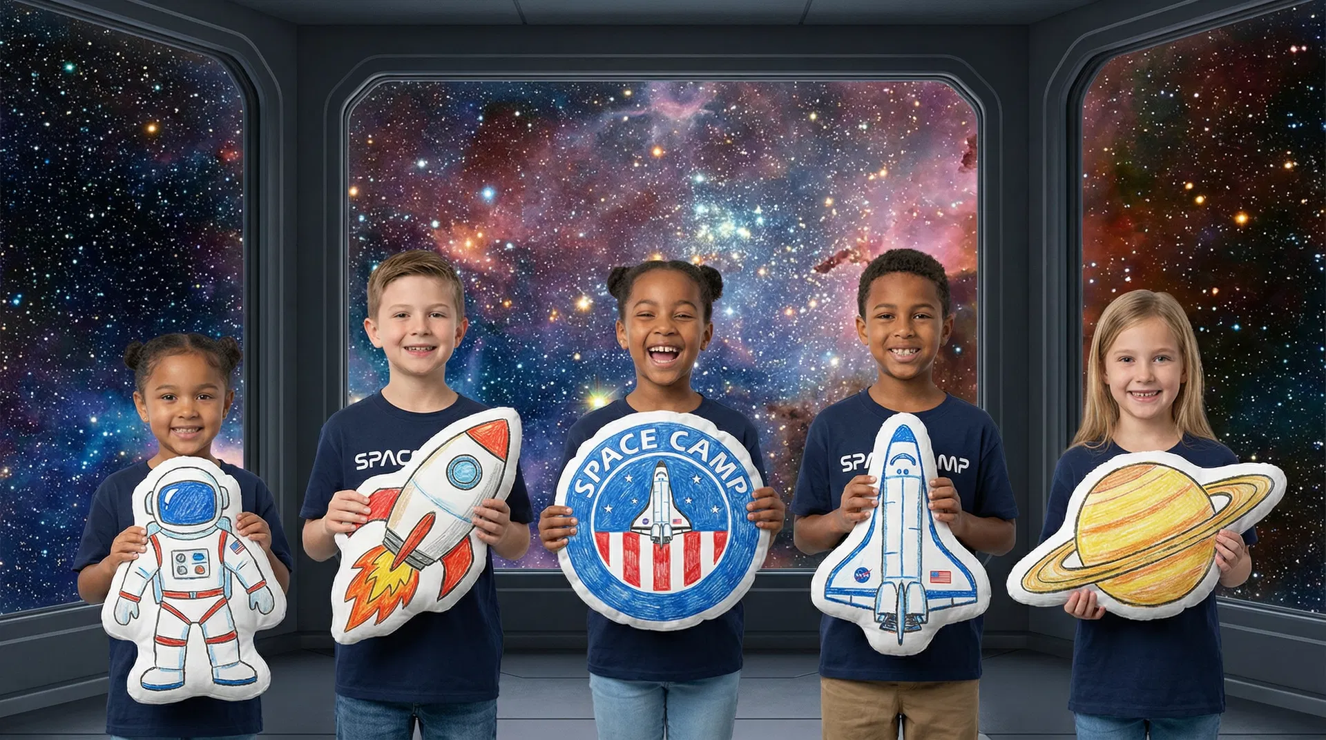 Space Camp kids holding their custom Draw Pillows