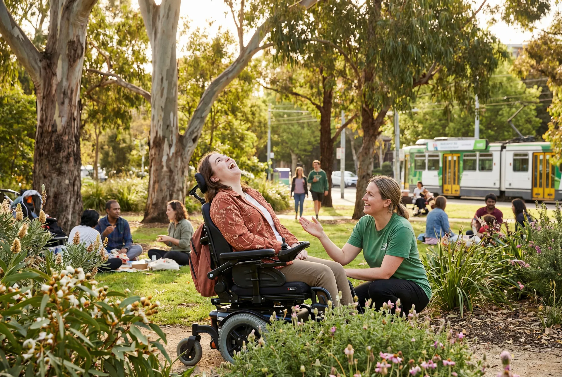 NDIS participant enjoying community outing with support worker