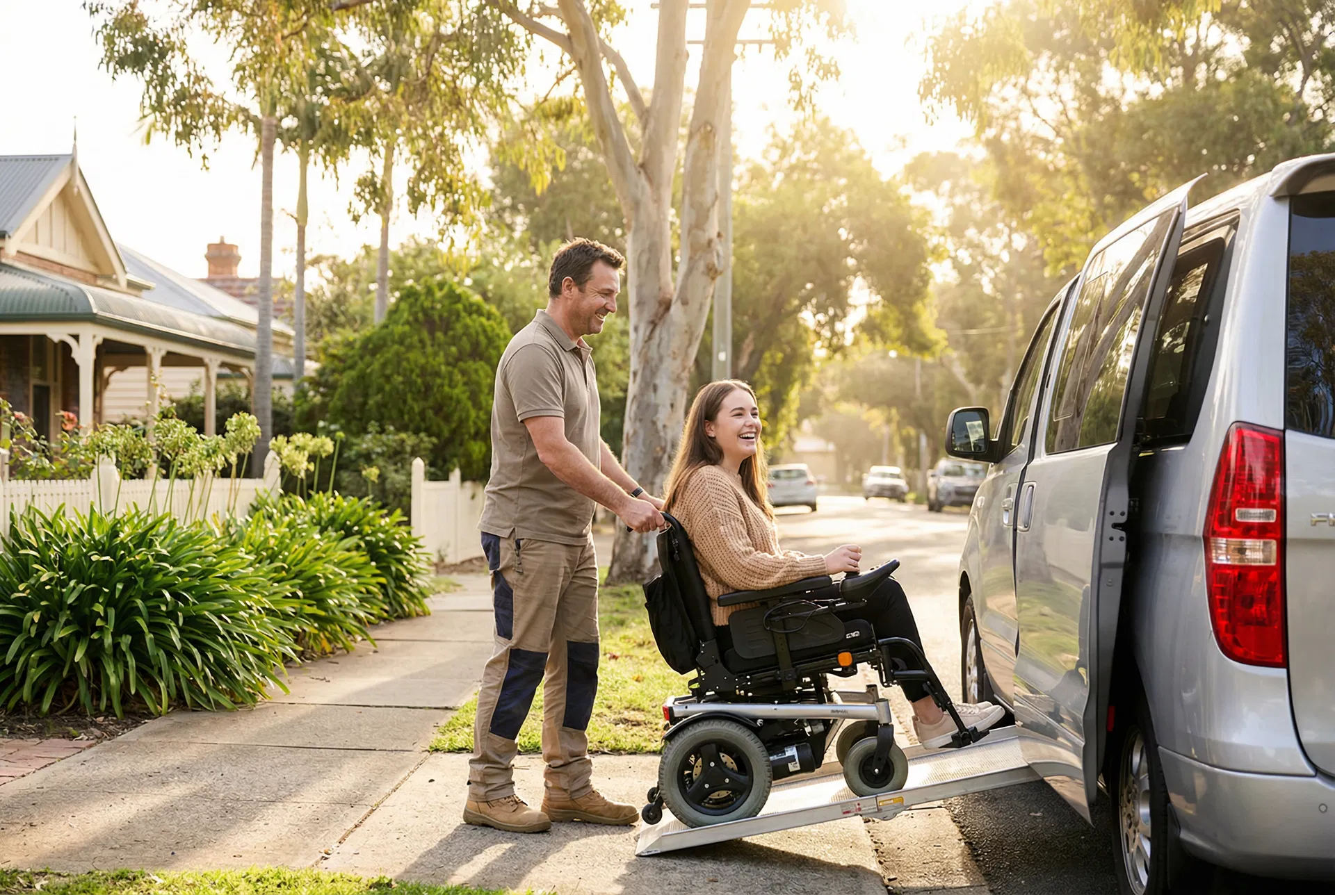 Support worker assisting participant with accessible transport