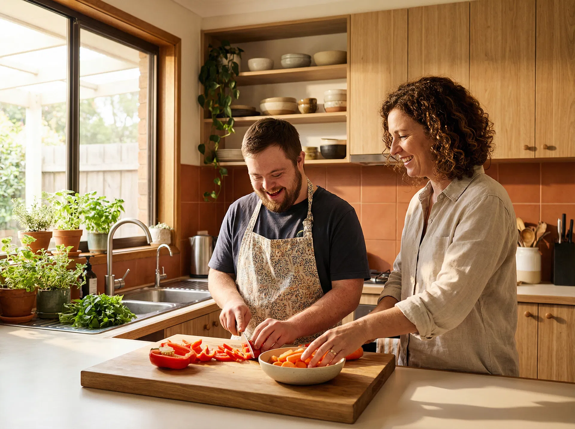 Participant cooking with support worker