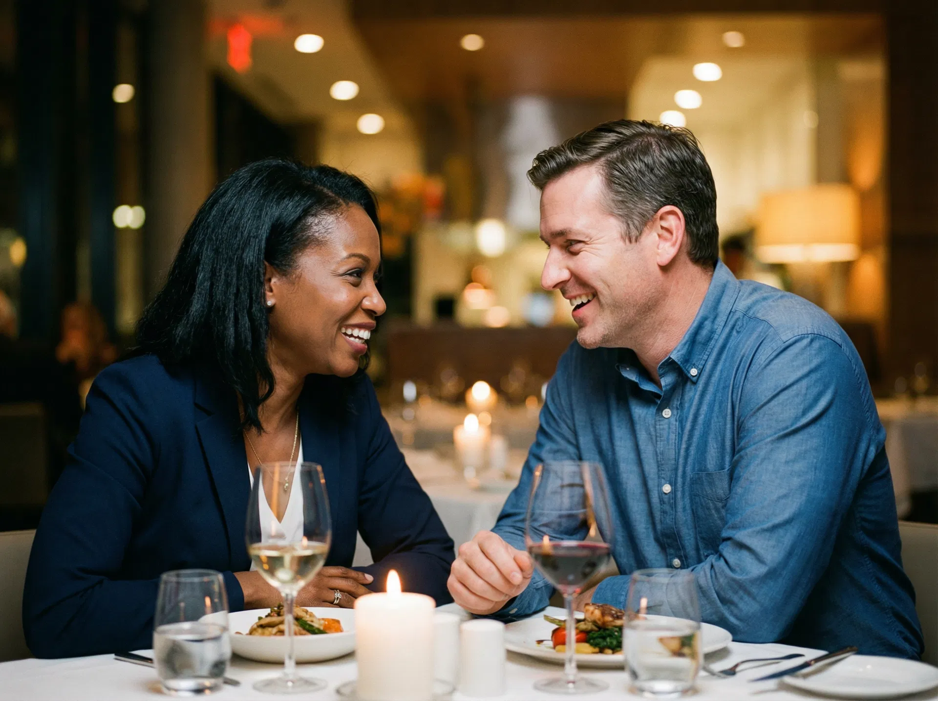 Two executives in warm conversation at a Fireside Dinner