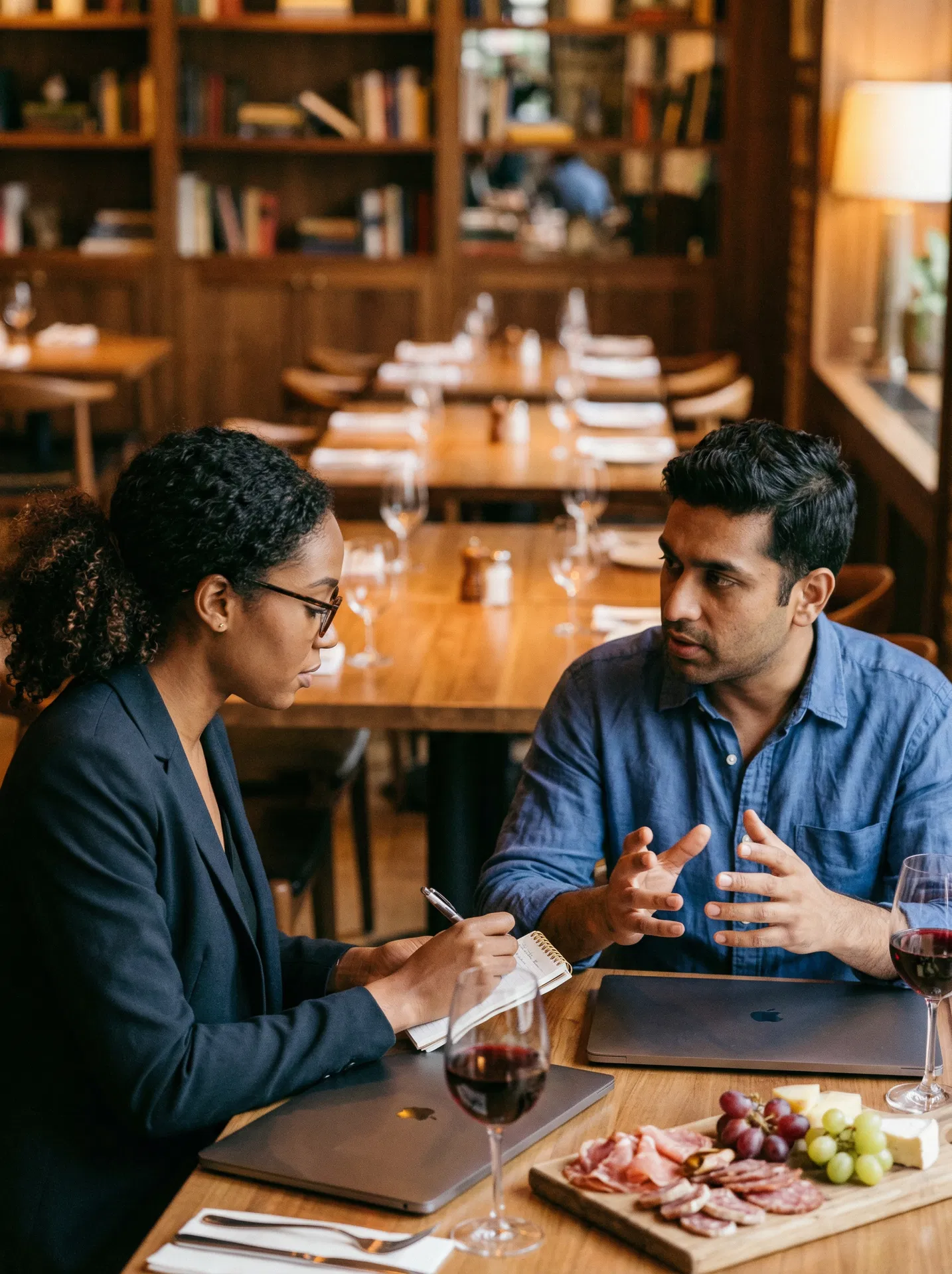 Two founders in deep conversation at a restaurant