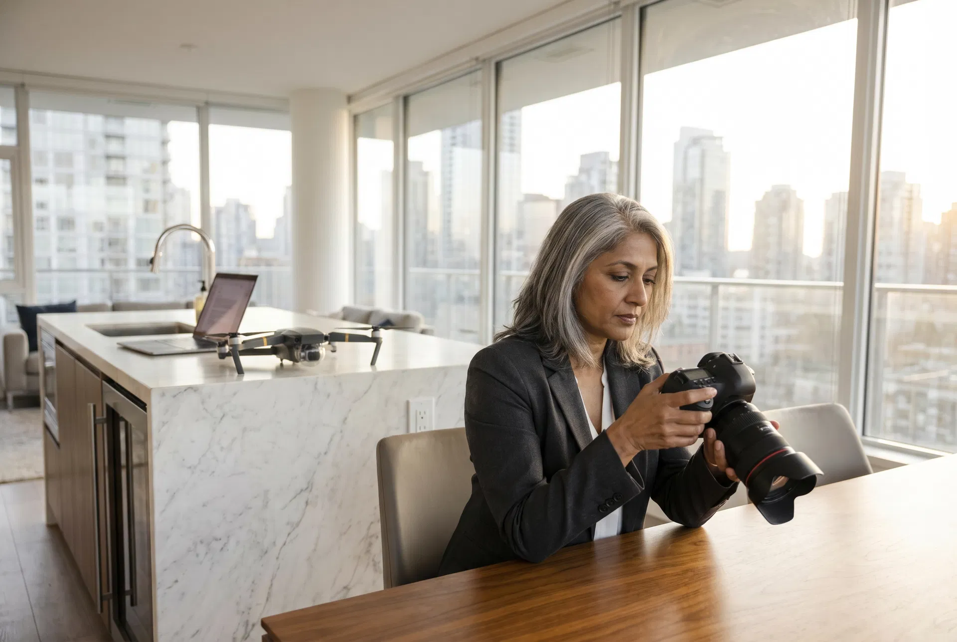 Professional photographer reviewing real estate photos