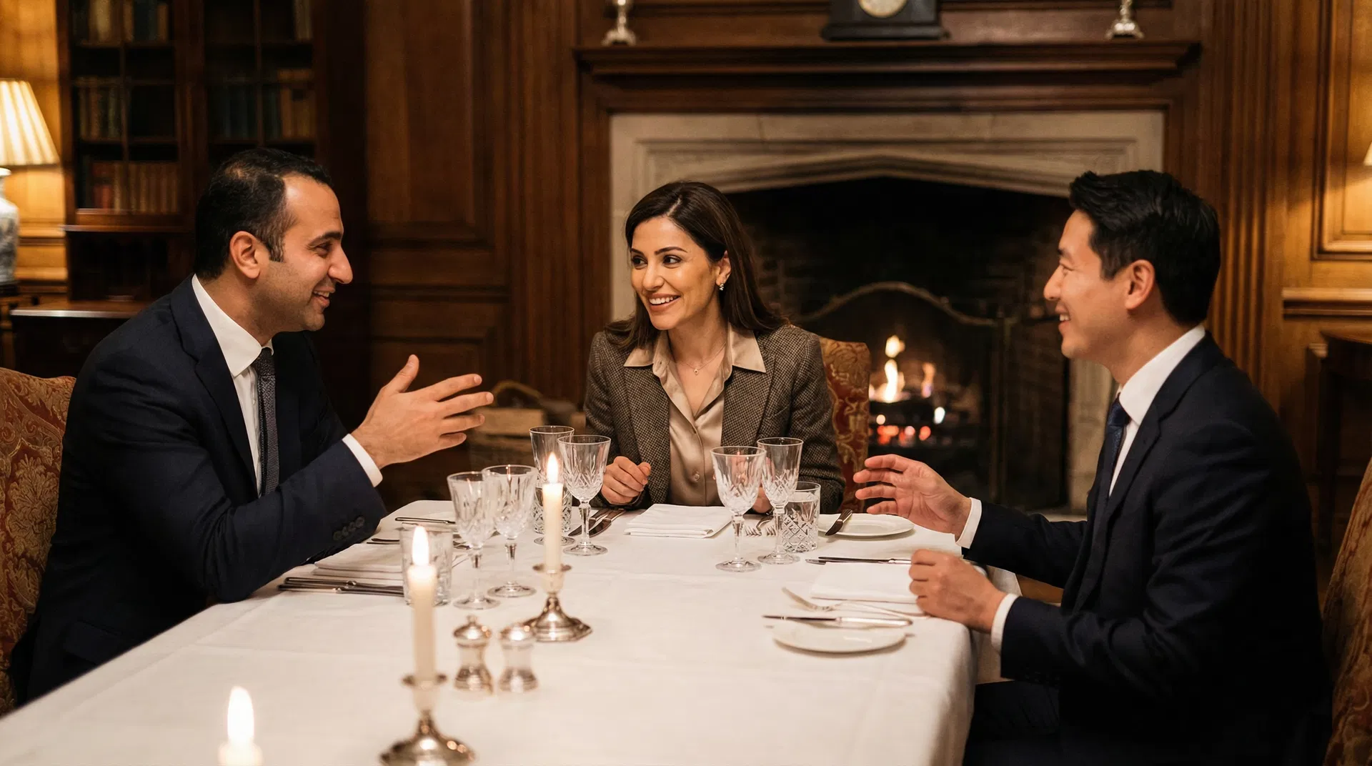 Investors in conversation at private dinner