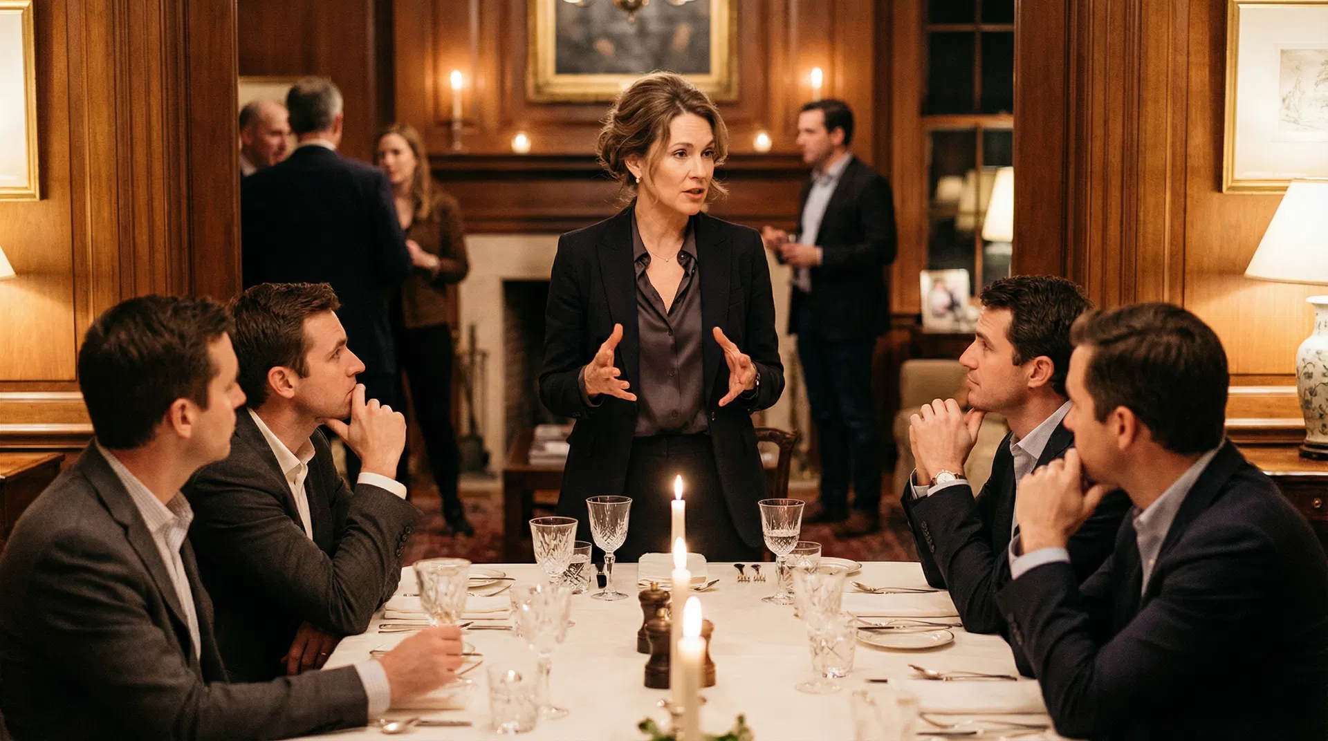 Female founder presenting at investor dinner