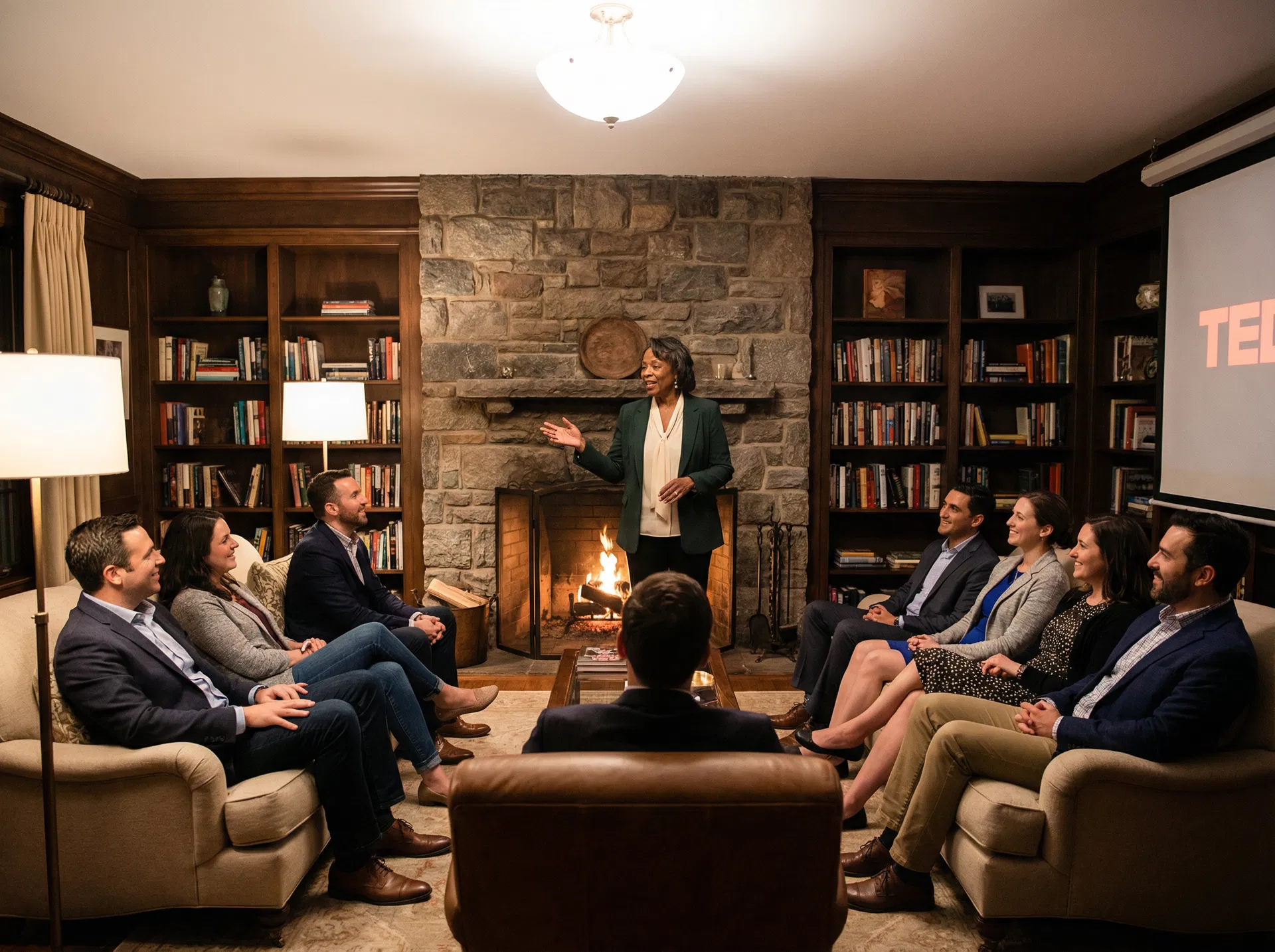 Headliner executive speaking at a fireside chat in a living room