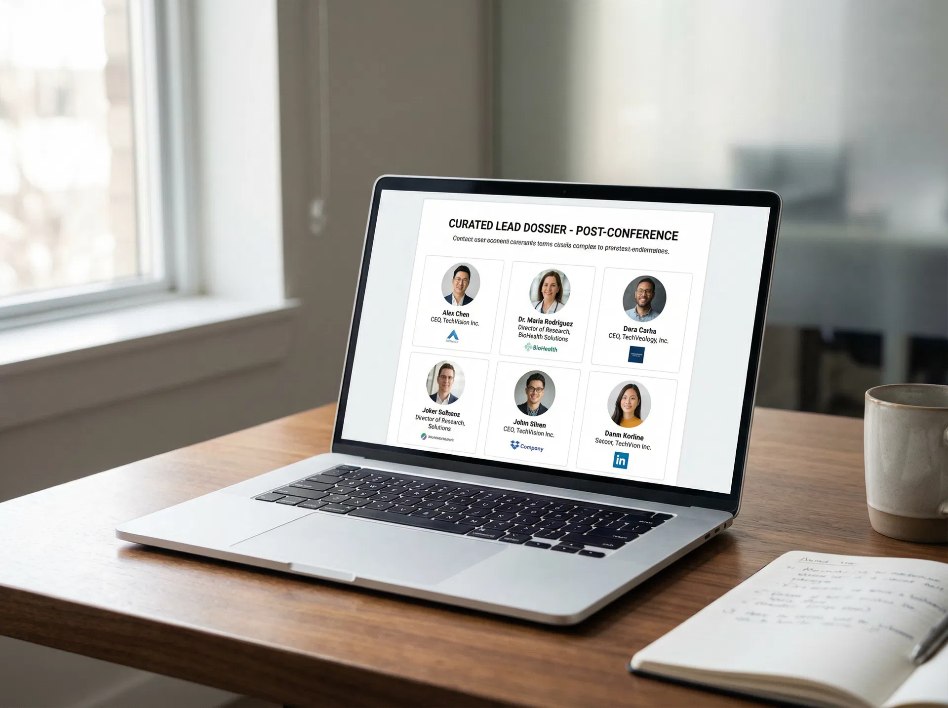 Curated lead list dossier on a laptop