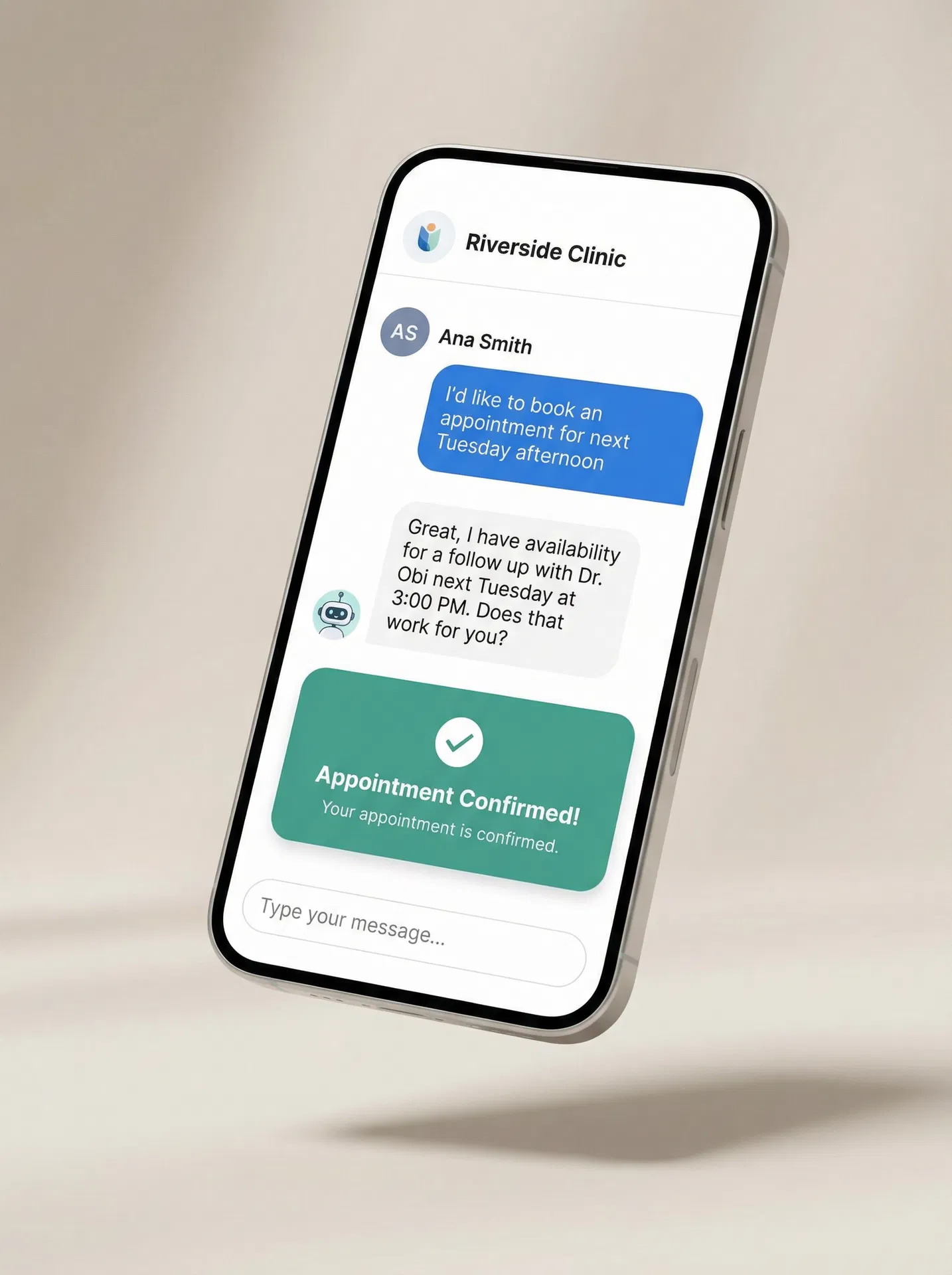 AI receptionist chat showing appointment booking conversation