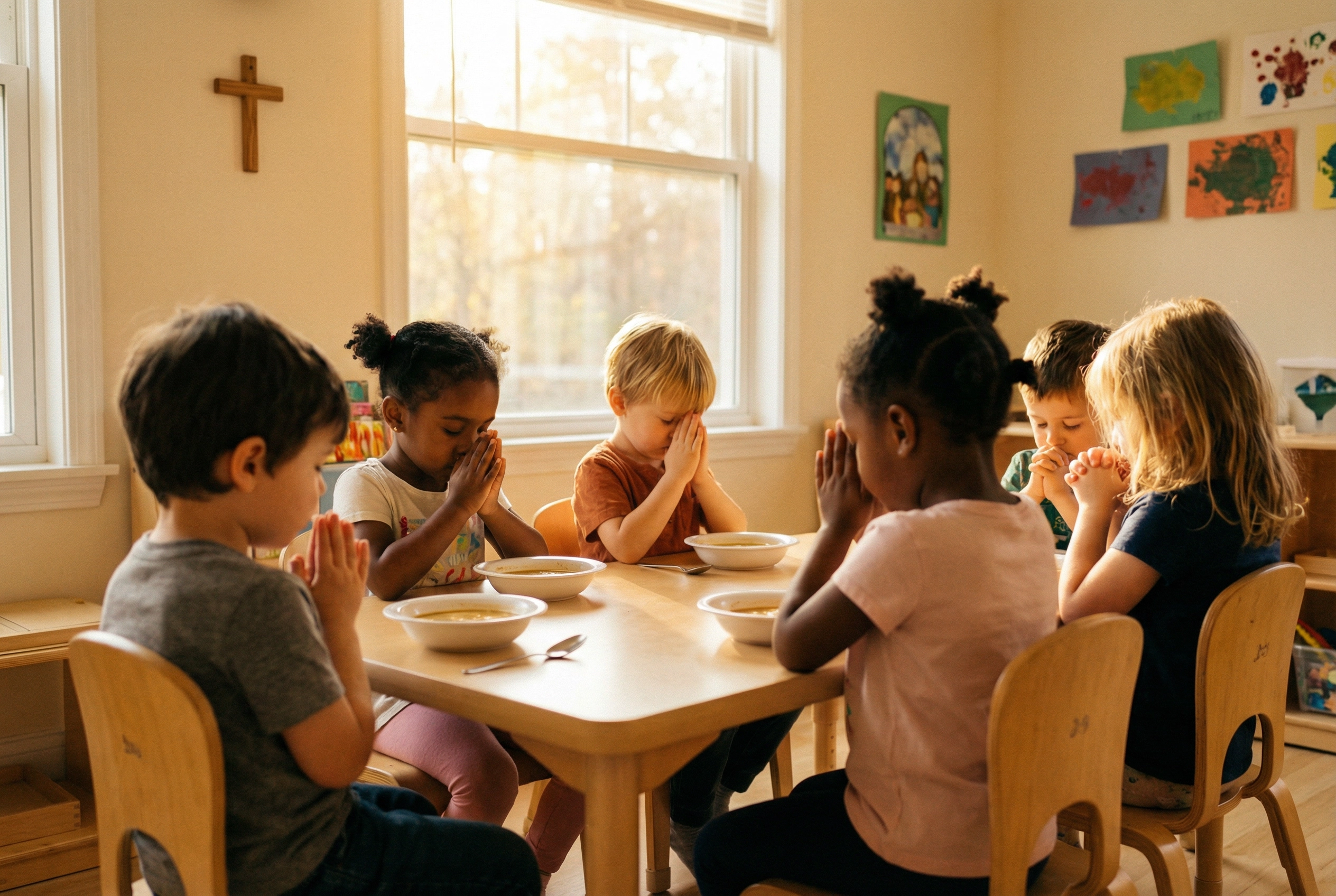 Children praying together before a meal