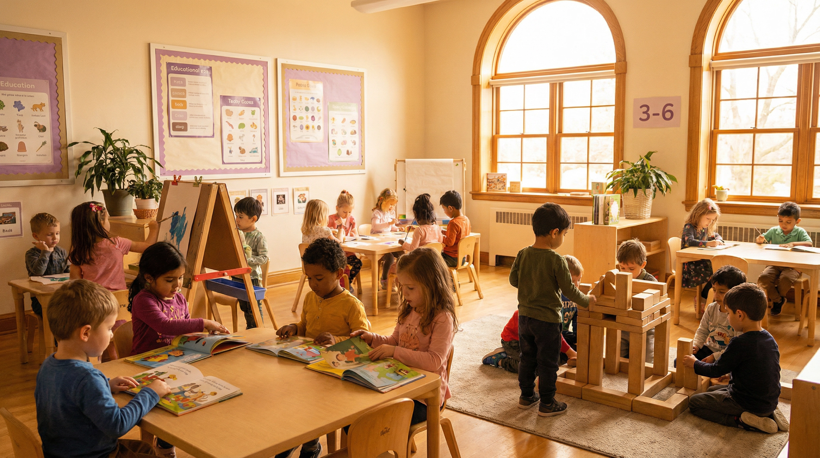 Happy children learning in a bright, warm classroom