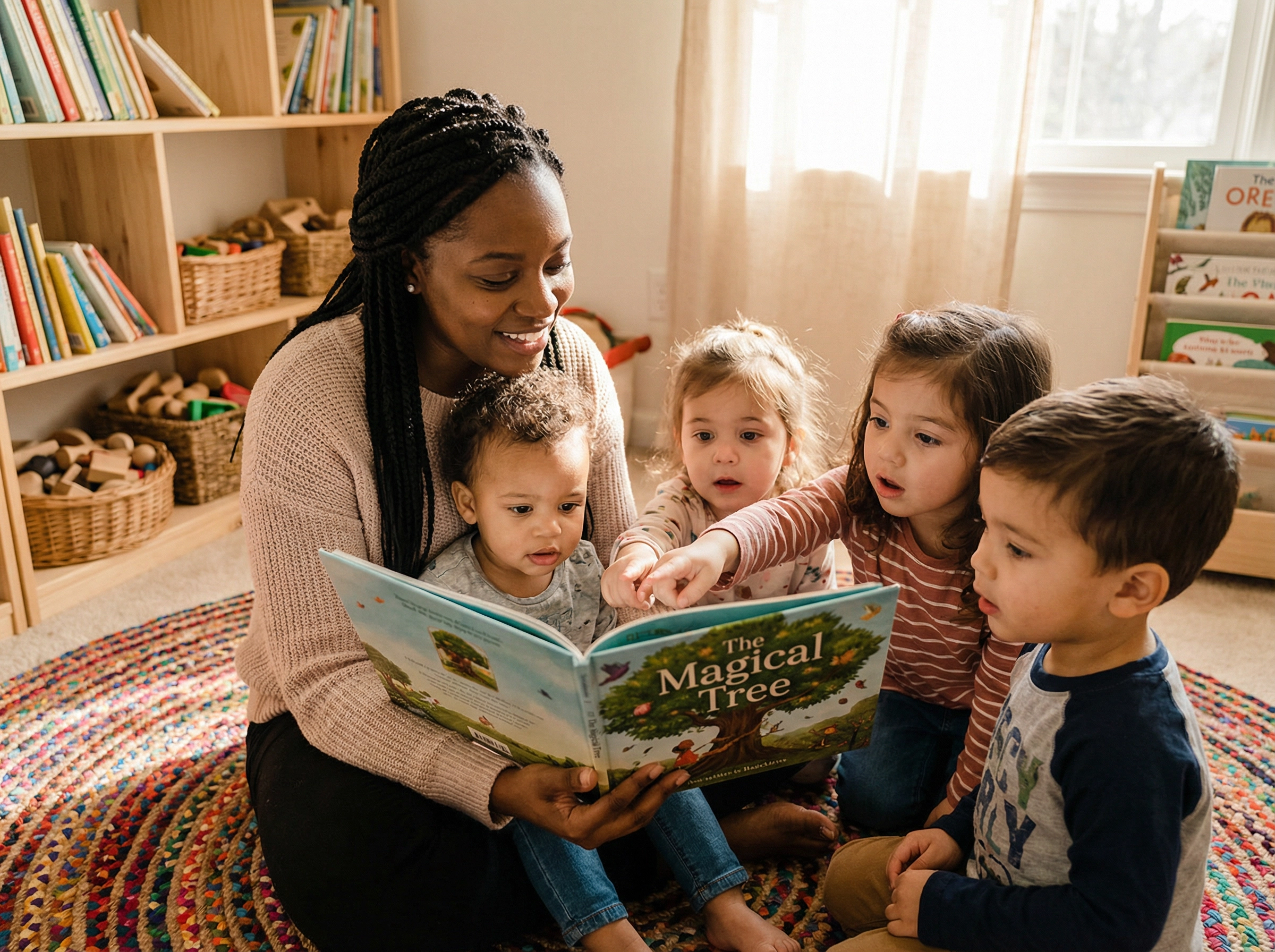 Teacher reading to children in a cozy daycare setting
