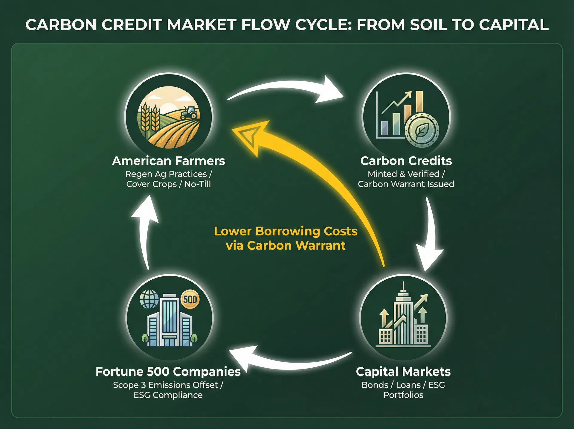 Carbon Credit Market Flow — from Farmers to Capital Markets to Fortune 500 and back via Carbon Warrant