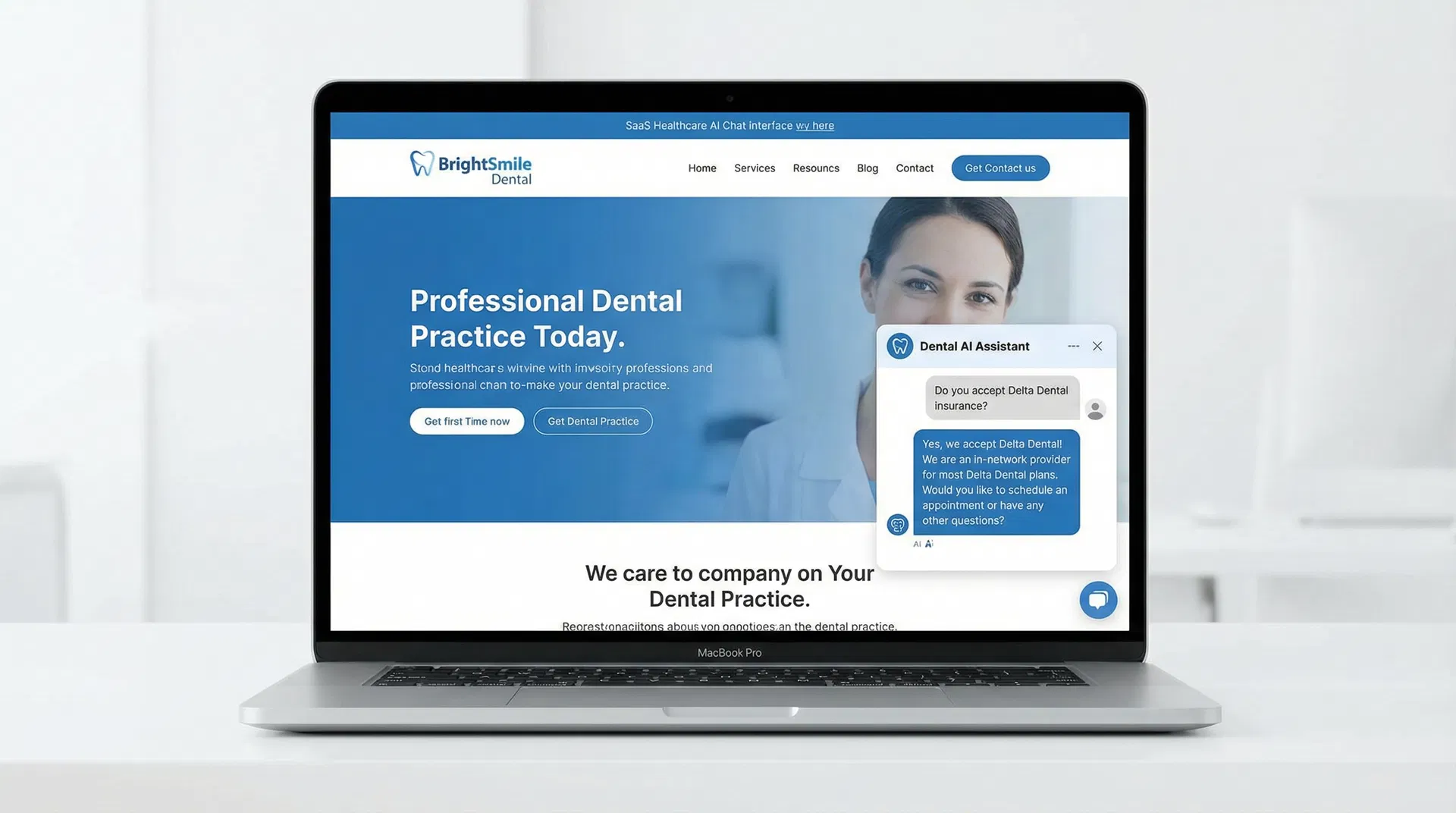 DearDoc AI Chat widget on a dental practice website answering patient questions