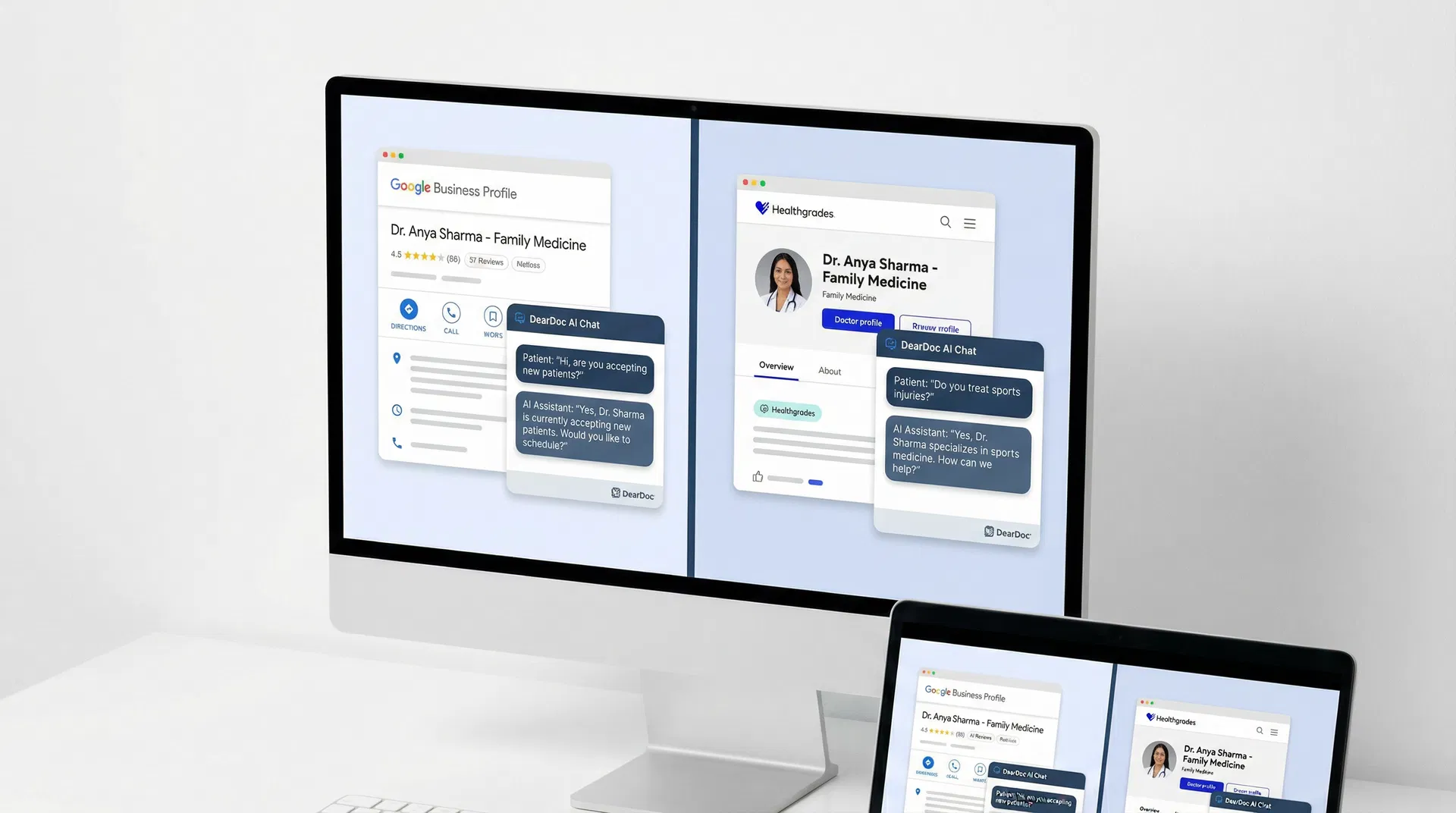 DearDoc AI Chat running on Google Business Profile and Healthgrades simultaneously