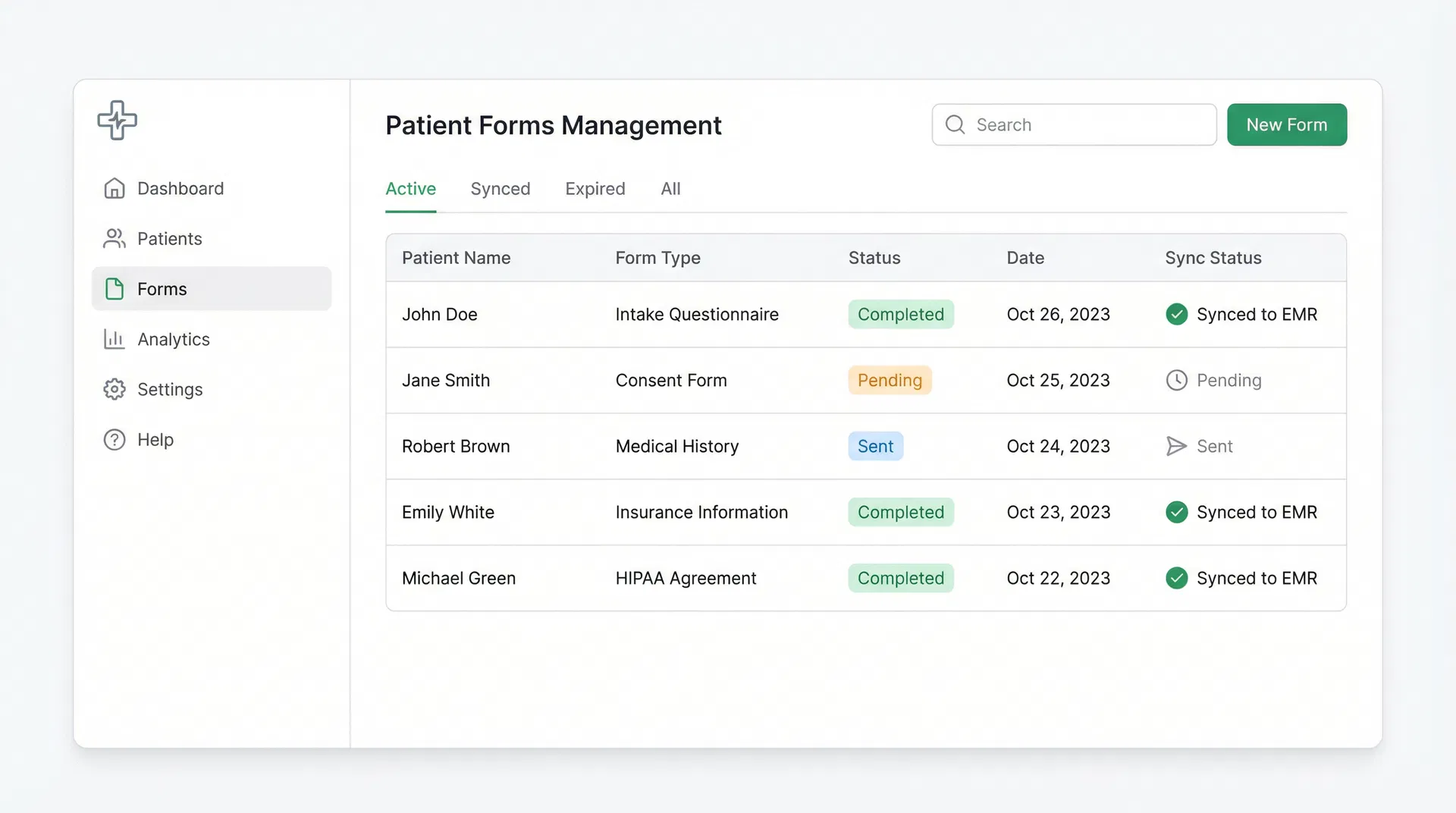Patient forms management dashboard