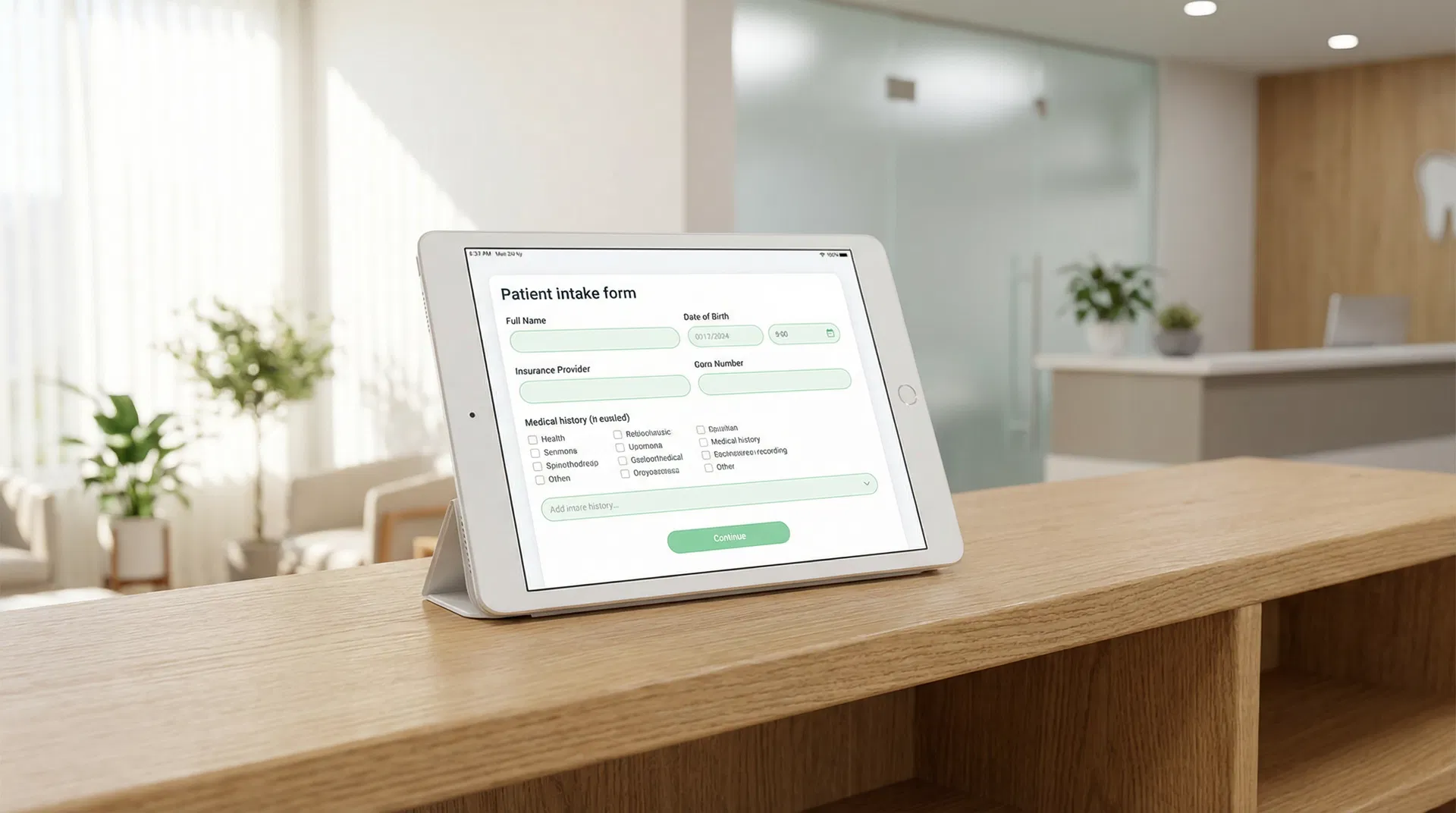 Patient intake form on tablet in dental office