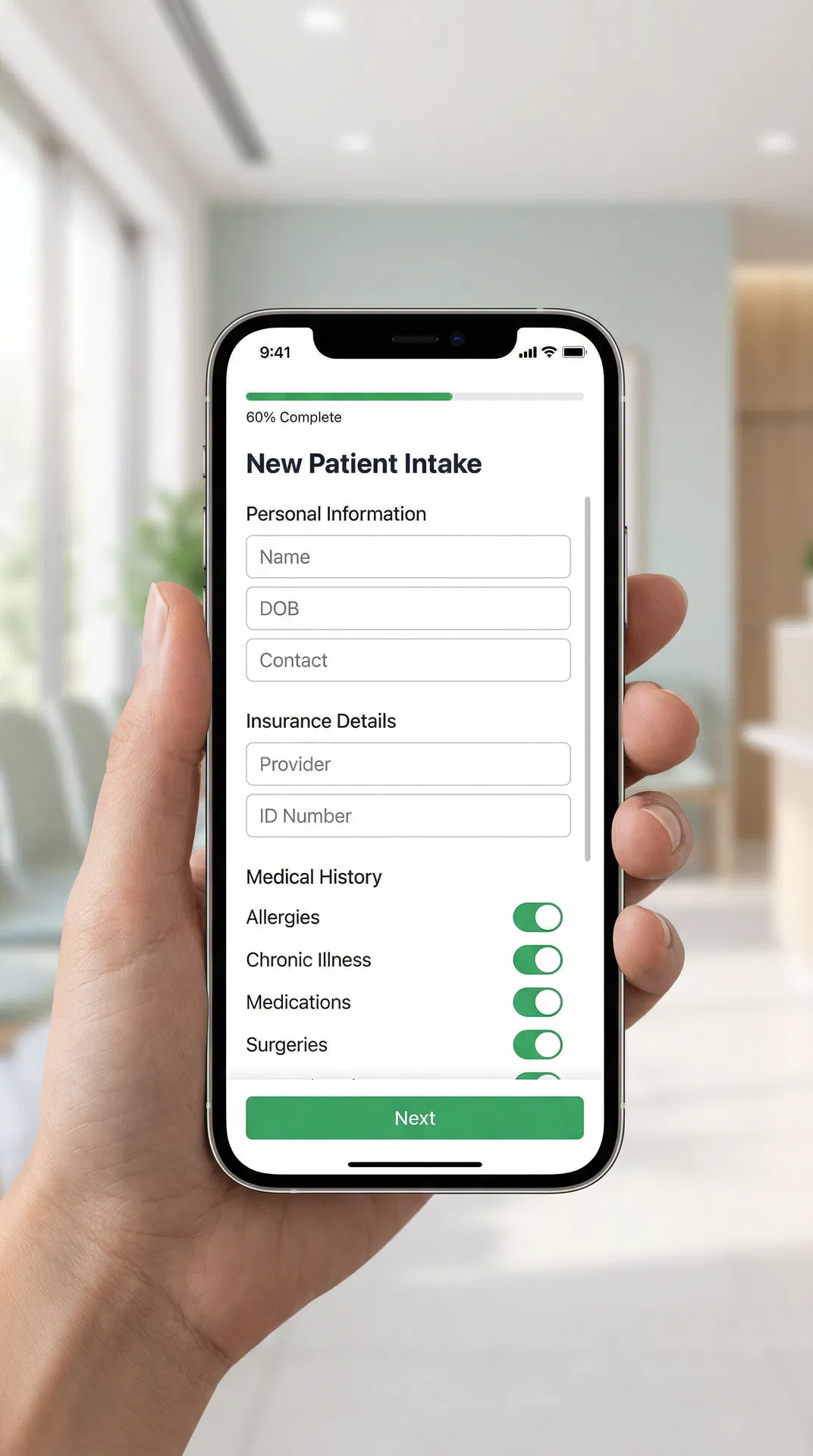 Patient filling out intake form on mobile phone