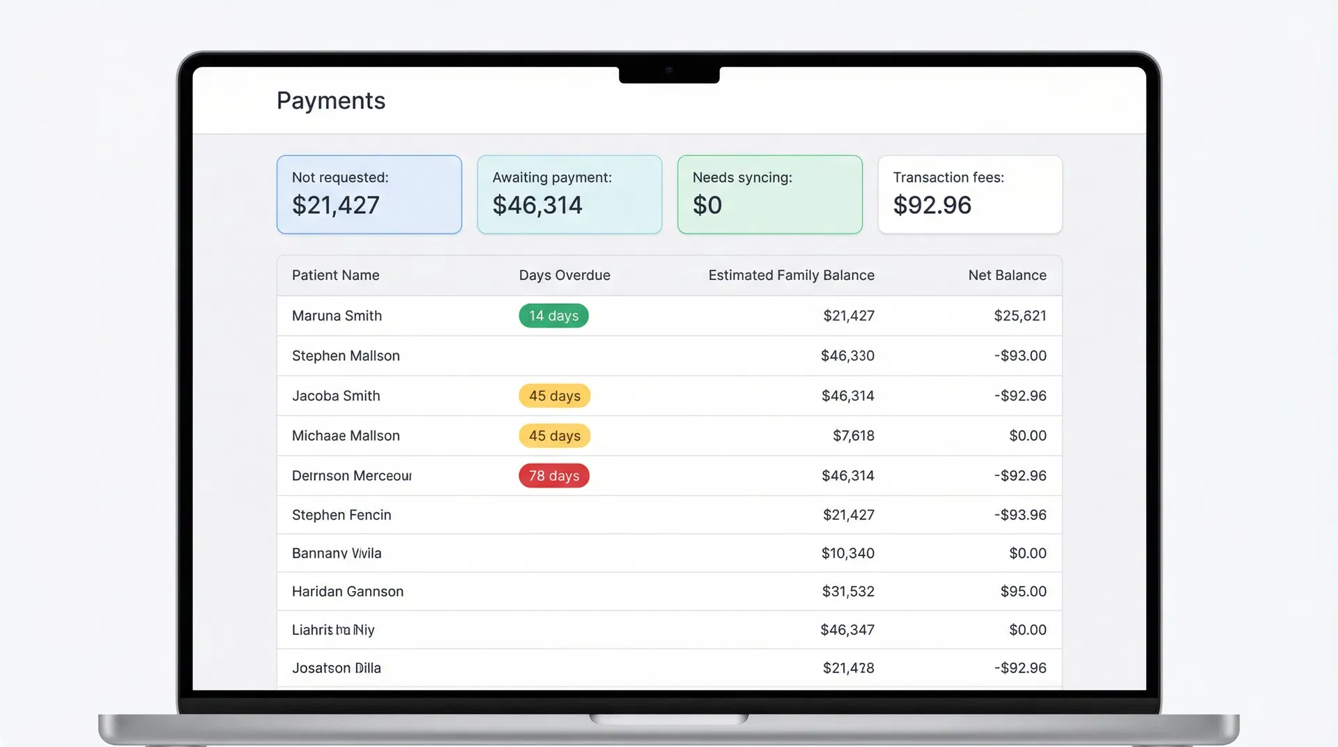 DearDoc Payments dashboard showing patient balances and payment status
