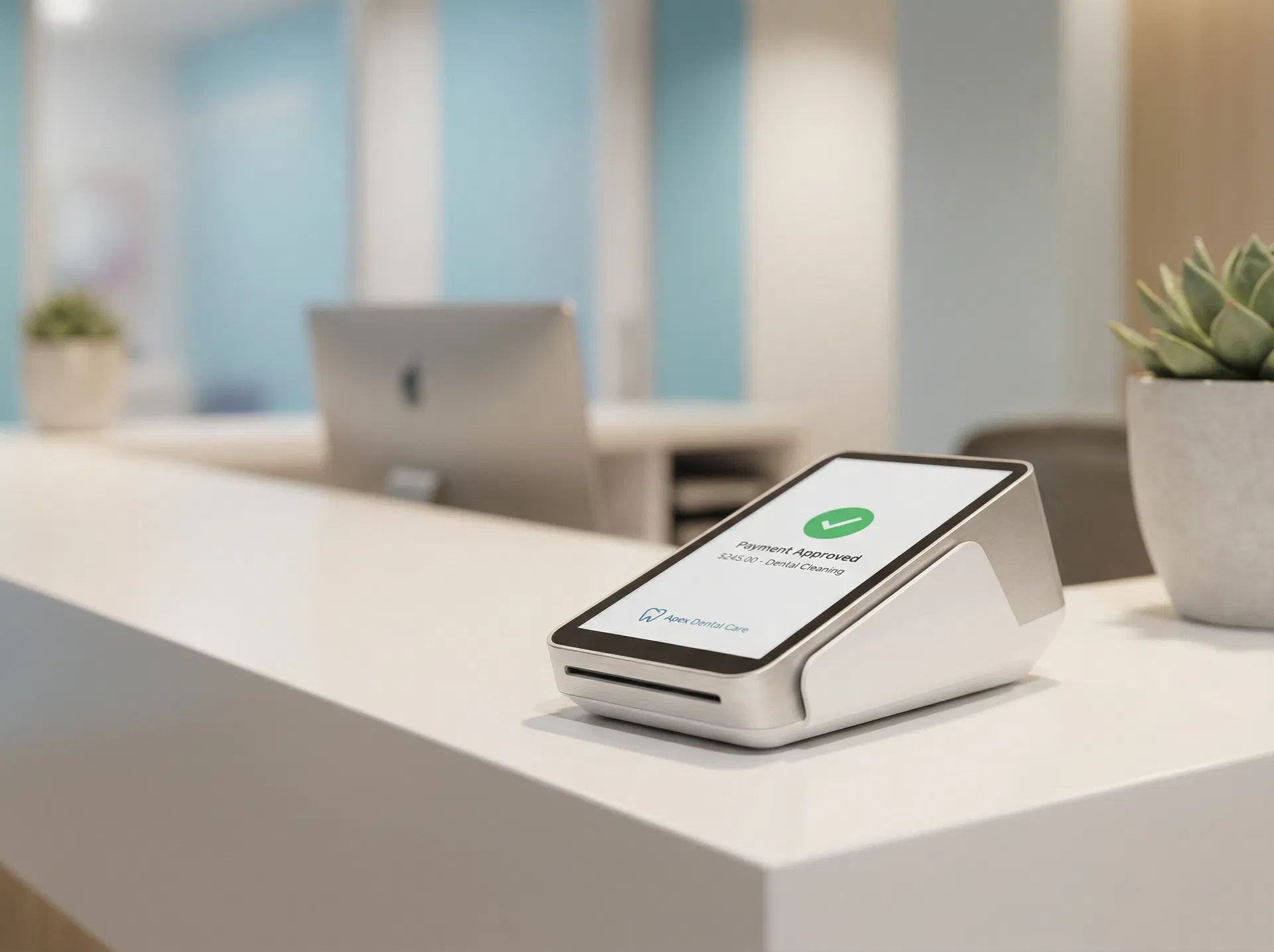 DearDoc payment terminal on a reception desk showing payment approved