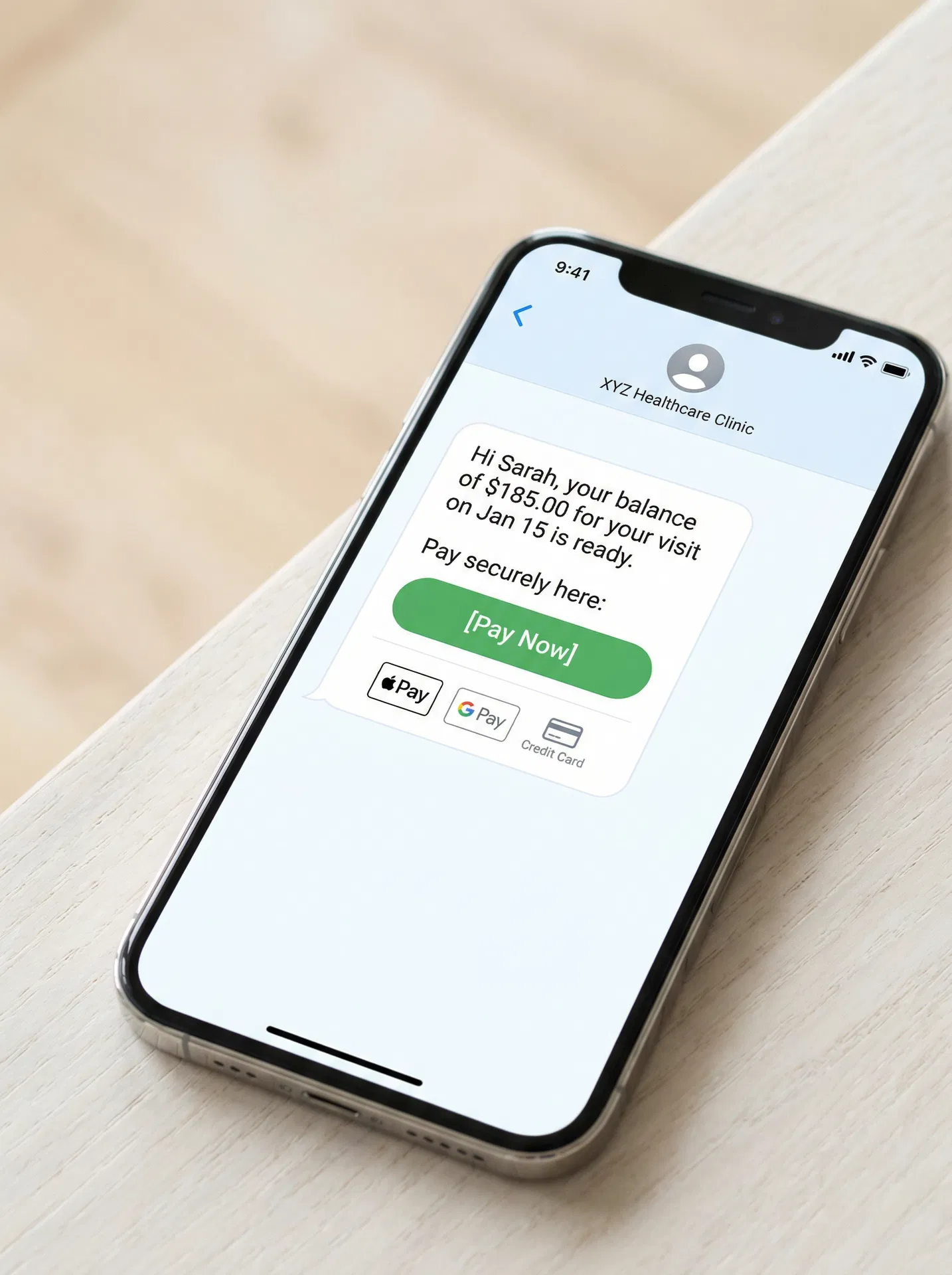 Text-to-pay on smartphone showing payment link with Apple Pay and Google Pay options
