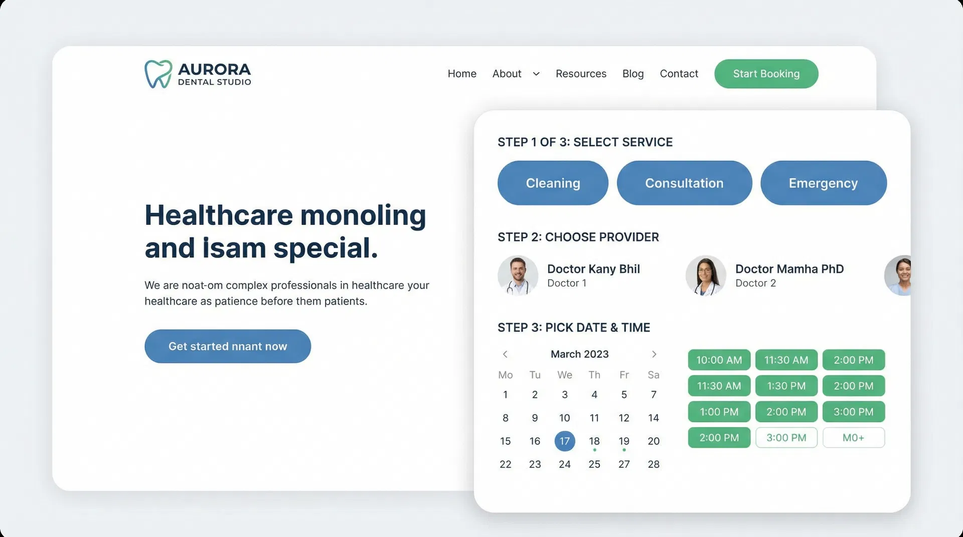 Patient booking widget showing 3-step flow: select service, choose provider, pick date and time