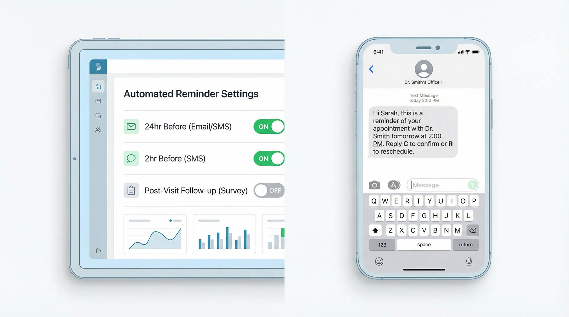 Automated reminder settings dashboard and patient receiving SMS reminder