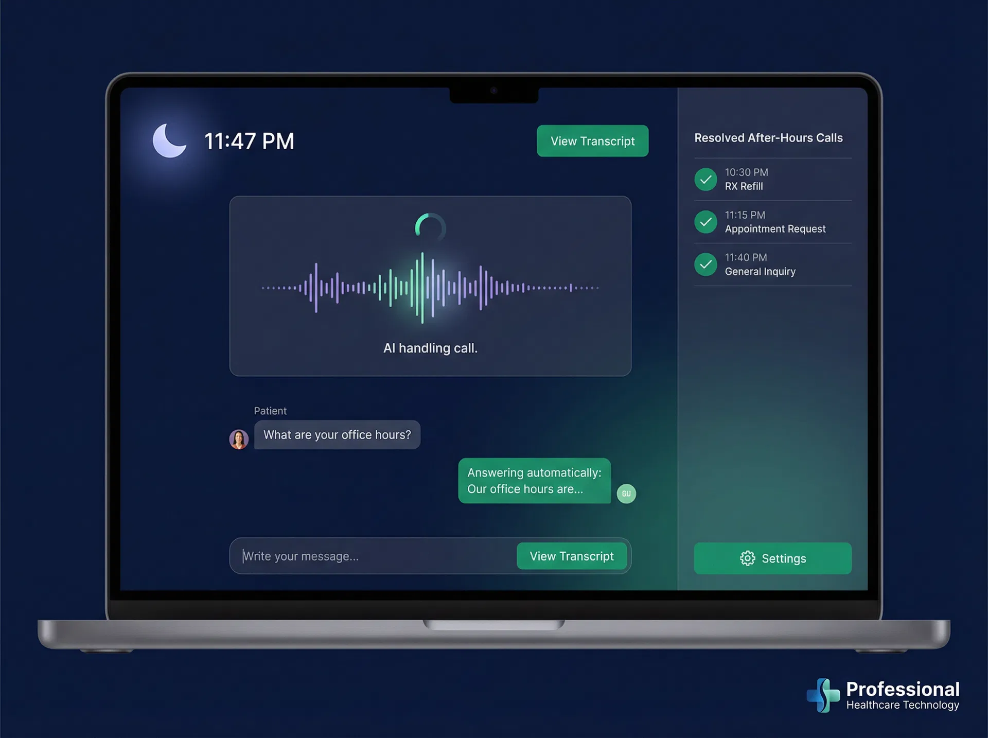 Voice AI handling after-hours patient calls at 11:47 PM with resolved call queue