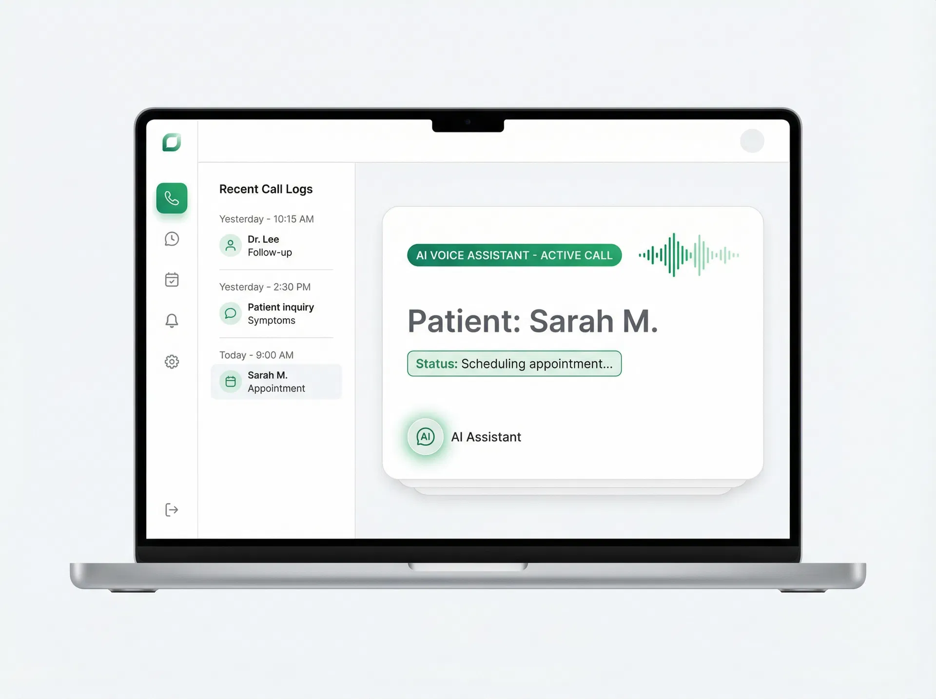 DearDoc Voice AI dashboard showing an active call being handled by AI with call logs and scheduling