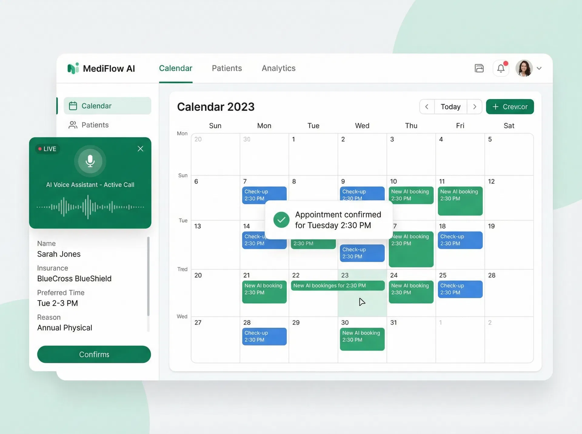 AI Voice Assistant scheduling an appointment directly into the practice calendar