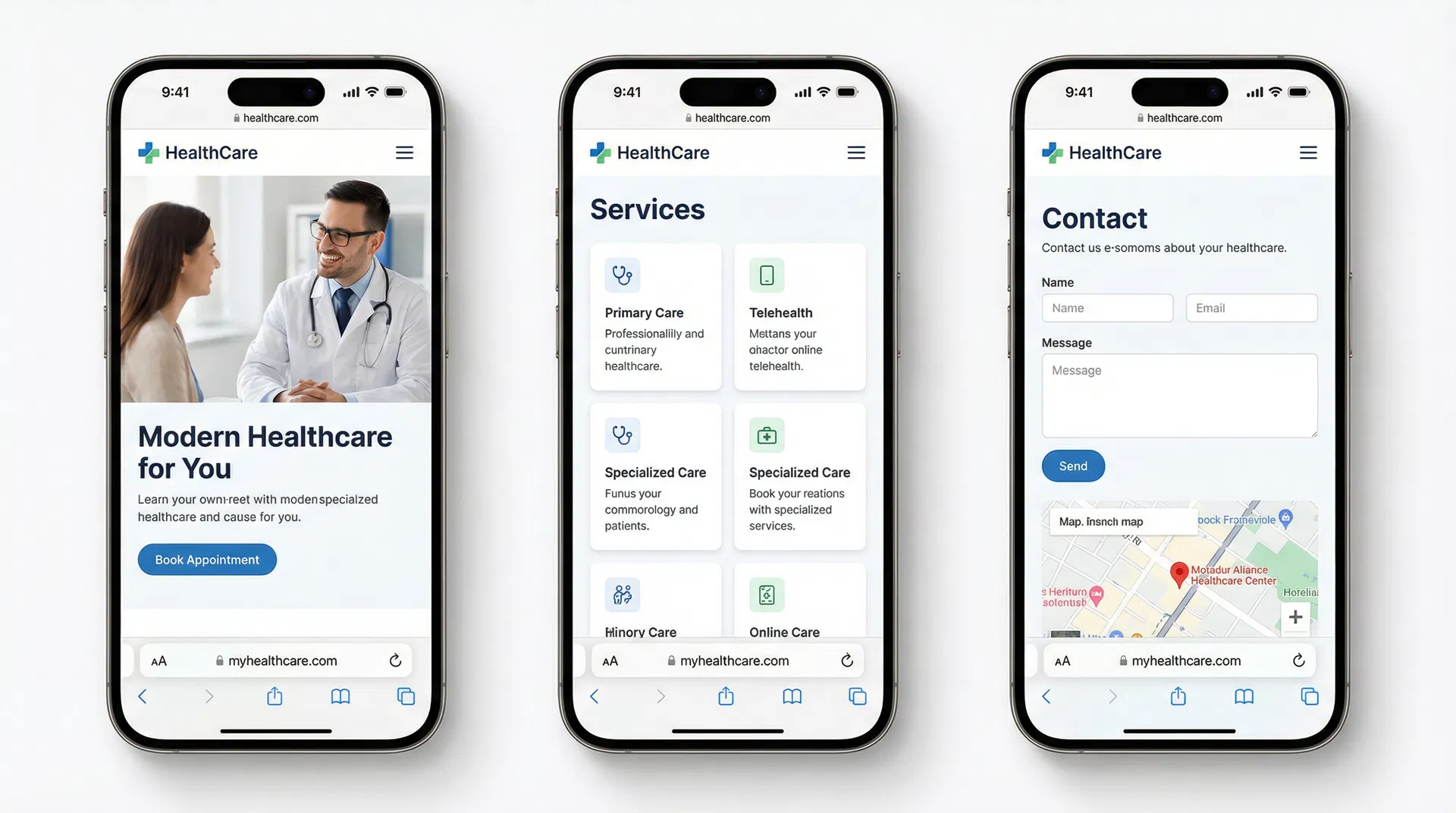 Healthcare website displayed on three smartphones