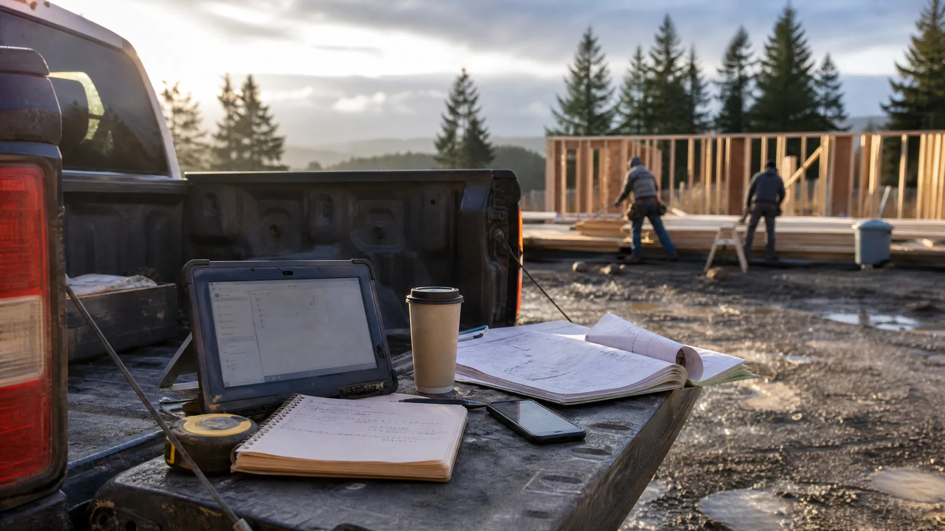 Work truck tailgate used as a desk at an Oregon construction jobsite, with a tablet, notebook, and folded plans