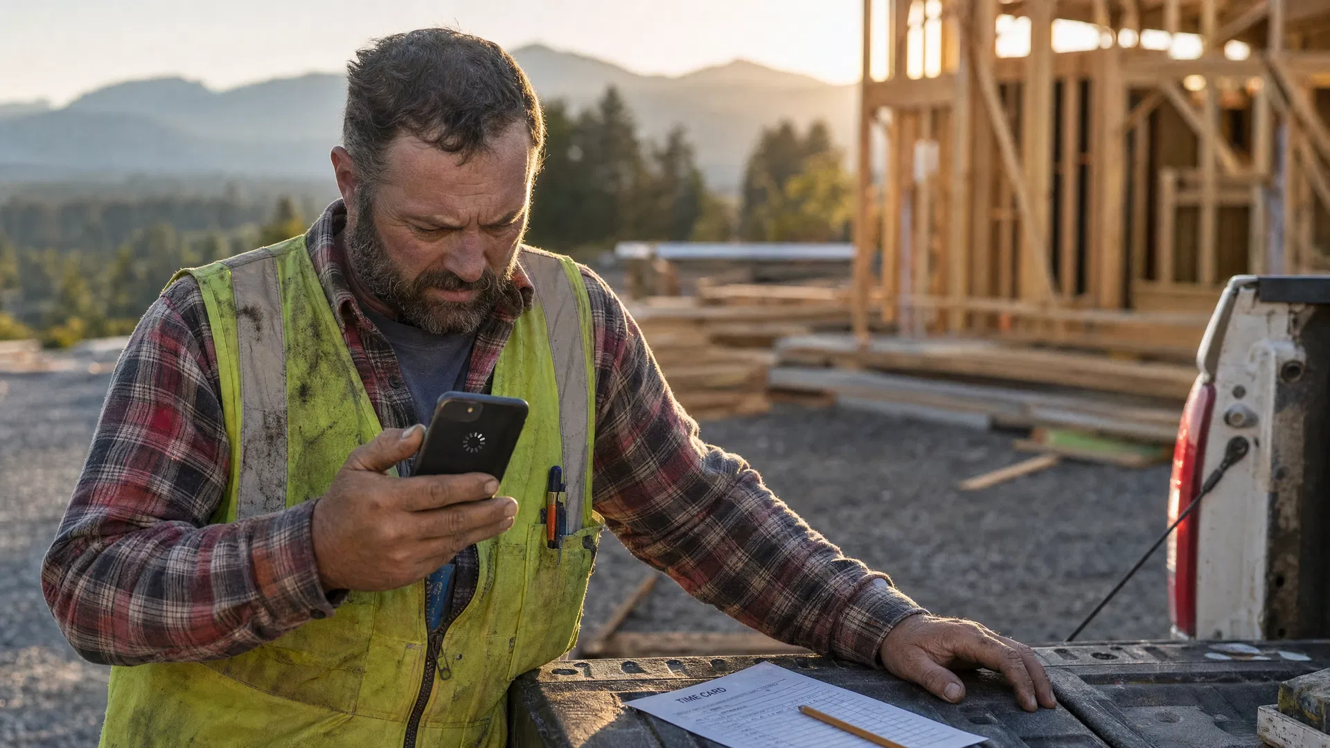 Construction foreman at truck tailgate squinting at a phone with a paper time card beside him