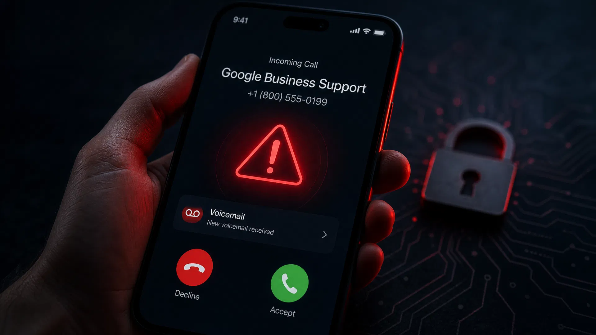 Smartphone showing an incoming call from Google Business Support with a red warning alert and voicemail notification
