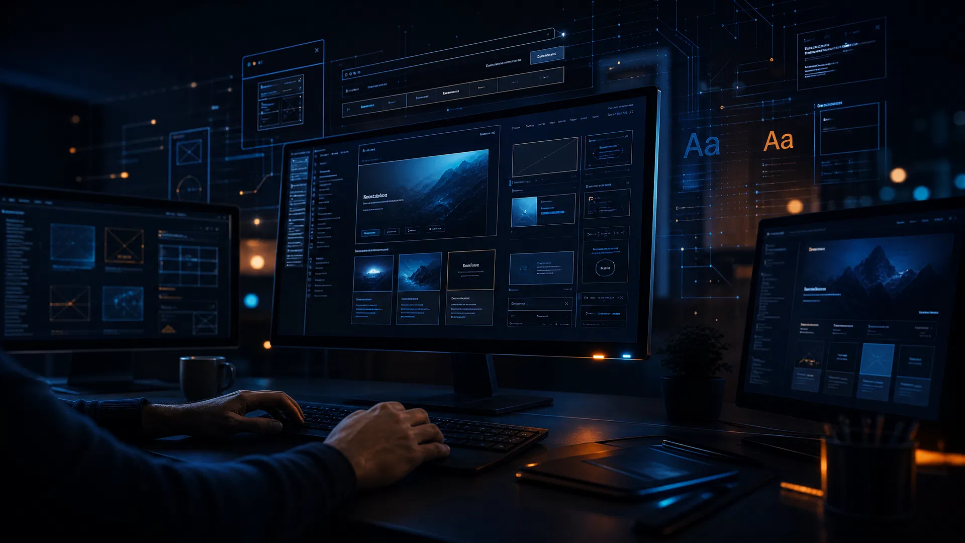 Modern web design workspace with multiple monitors showing website designs