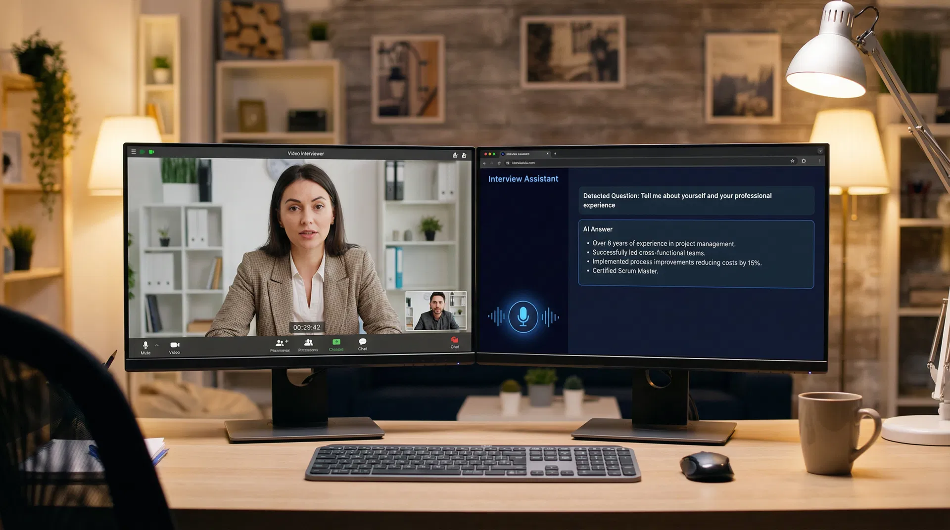 Three steps: microphone captures question, AI processes it, answer is generated