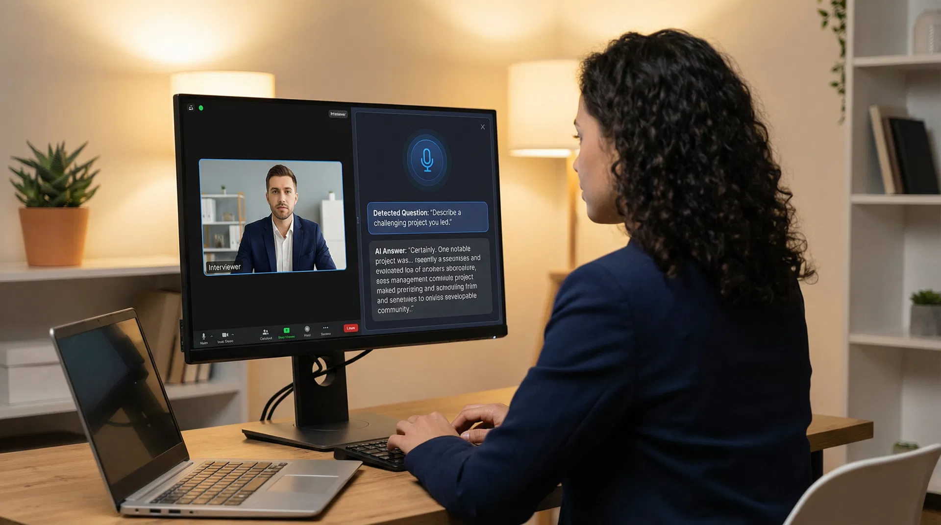 Over-the-shoulder view of a professional using Live Interview AI during a video interview with split screen showing the interviewer and AI assistant
