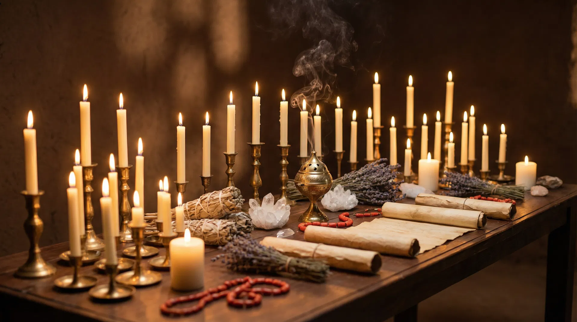 Spiritual ritual setup with candles and sacred materials