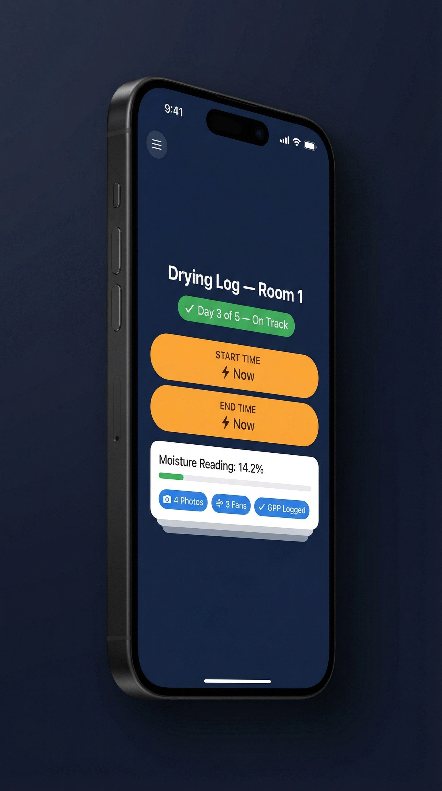 RestorationDocs drying log screen on iPhone