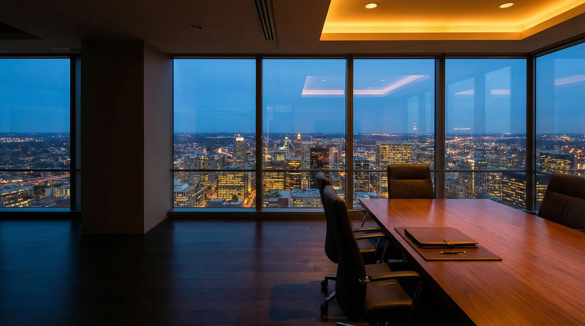 Executive boardroom overlooking city skyline at twilight