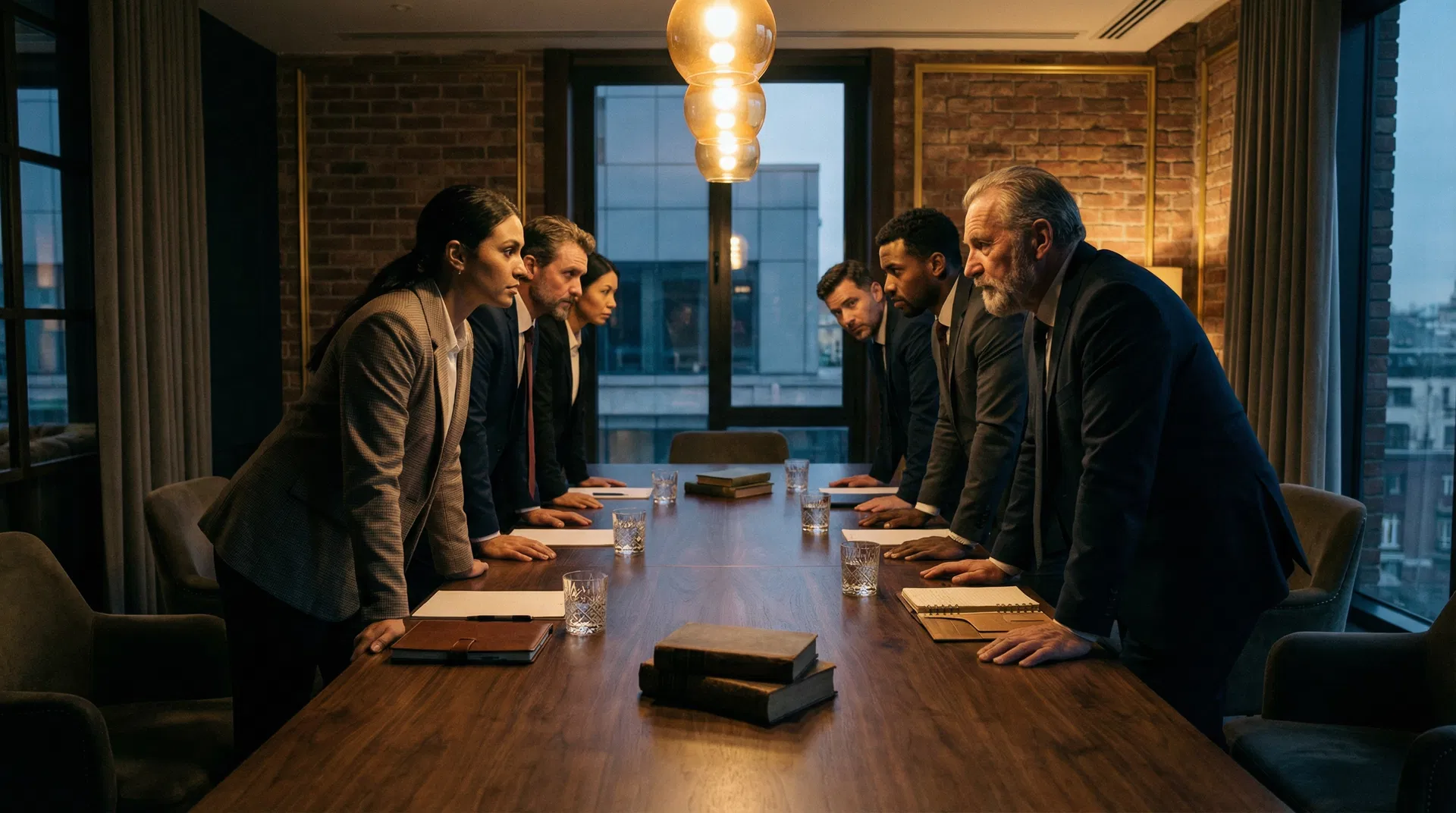 Distinguished business leaders in strategic discussion at an exclusive boardroom