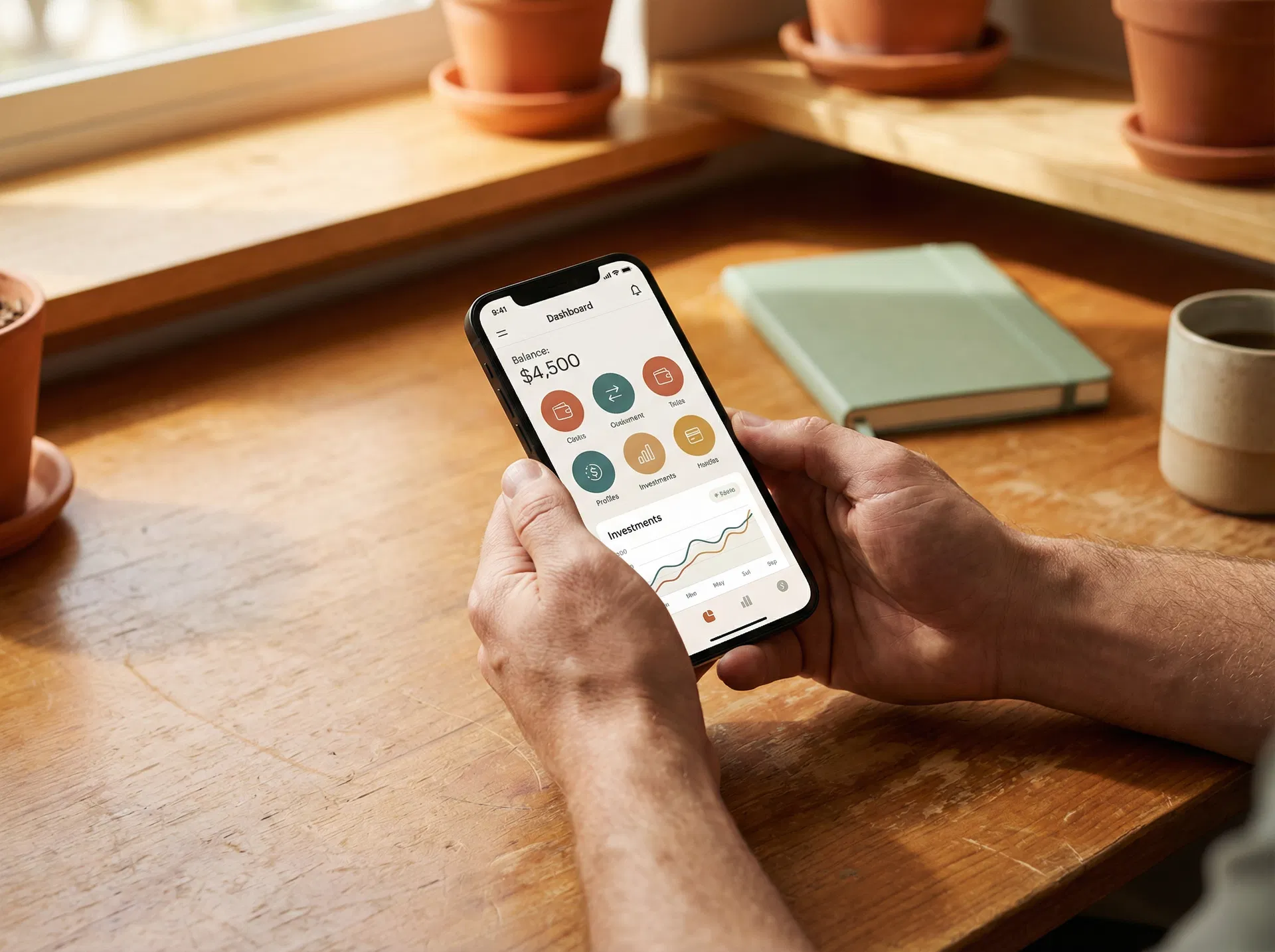 A fintech mobile app interface displayed on a smartphone in a warm workspace setting