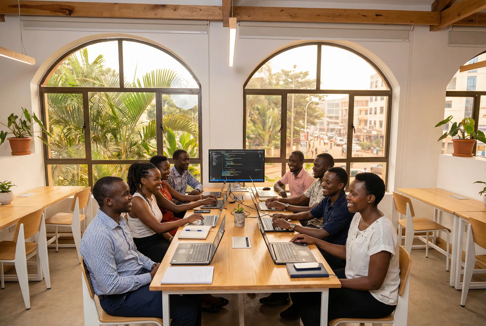 TechTran Africa team collaborating in a bright Kampala co-working space