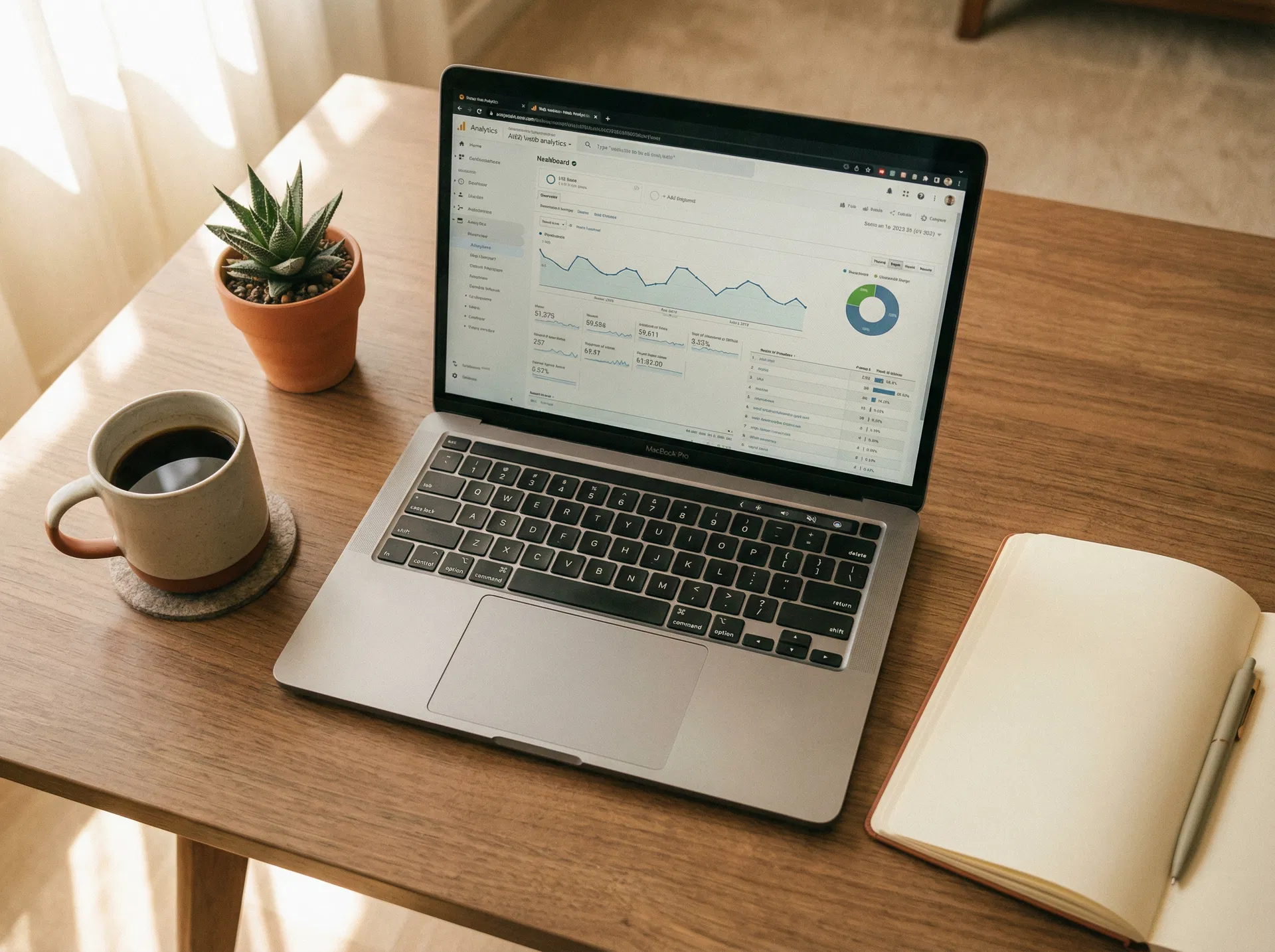 A web analytics dashboard displayed on a laptop in a warm, minimal workspace