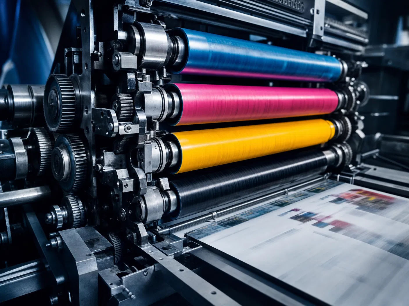 Detalhe dos cilindros CMYK da impressão offset
