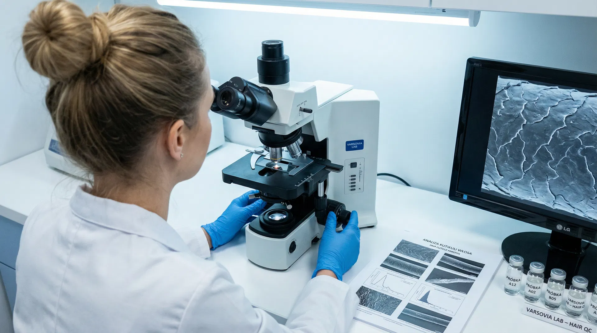 Warsaw lab specialist performing hair cuticle analysis under optical microscope